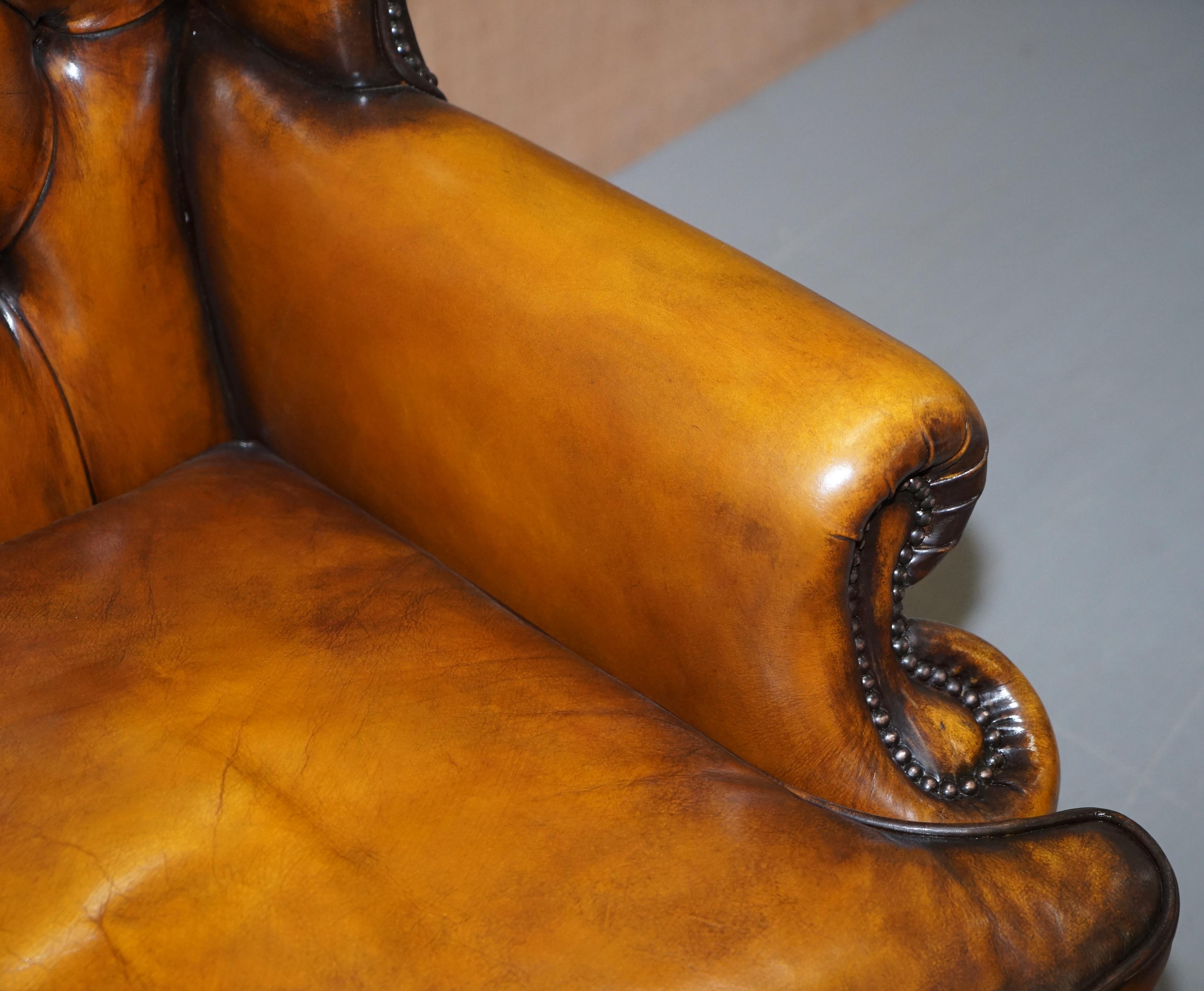 Hand-Crafted Chesterfield William Morris Wingback Armchair & Footstool Cigar Brown Leather