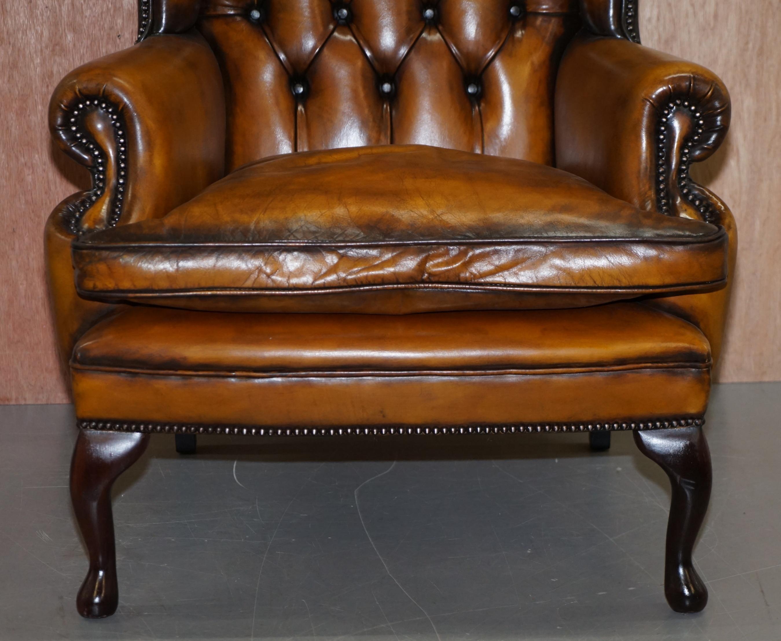 19th Century Chesterfield William Morris Wingback Armchair & Footstool Cigar Brown Leather