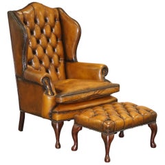 Antique Chesterfield William Morris Wingback Armchair & Footstool Cigar Brown Leather