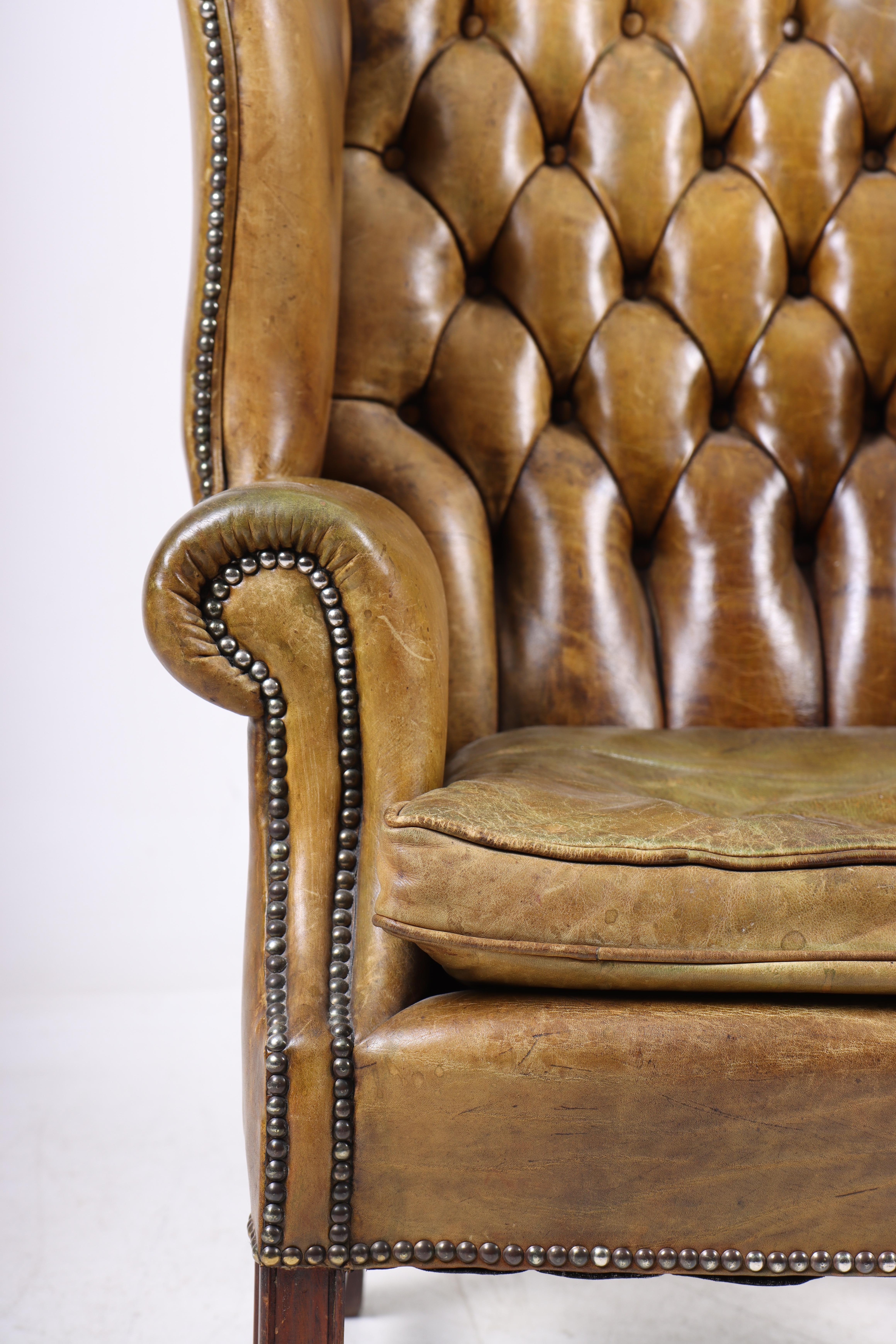 Danish Chesterfield Wingback Chair in Leather, Made in Denmark 1950s For Sale