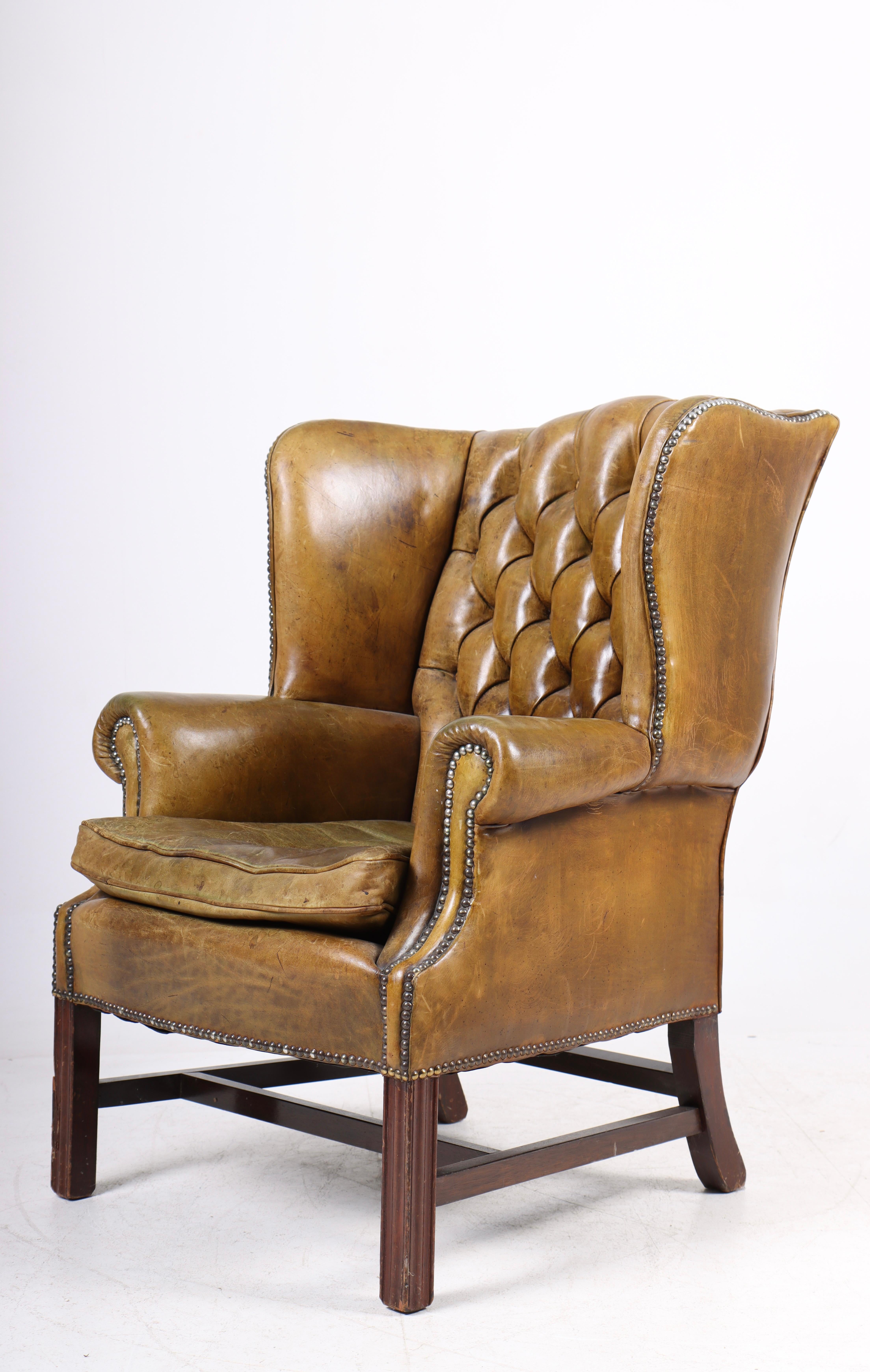 Chesterfield Wingback Chair in Leather, Made in Denmark 1950s In Good Condition For Sale In Lejre, DK