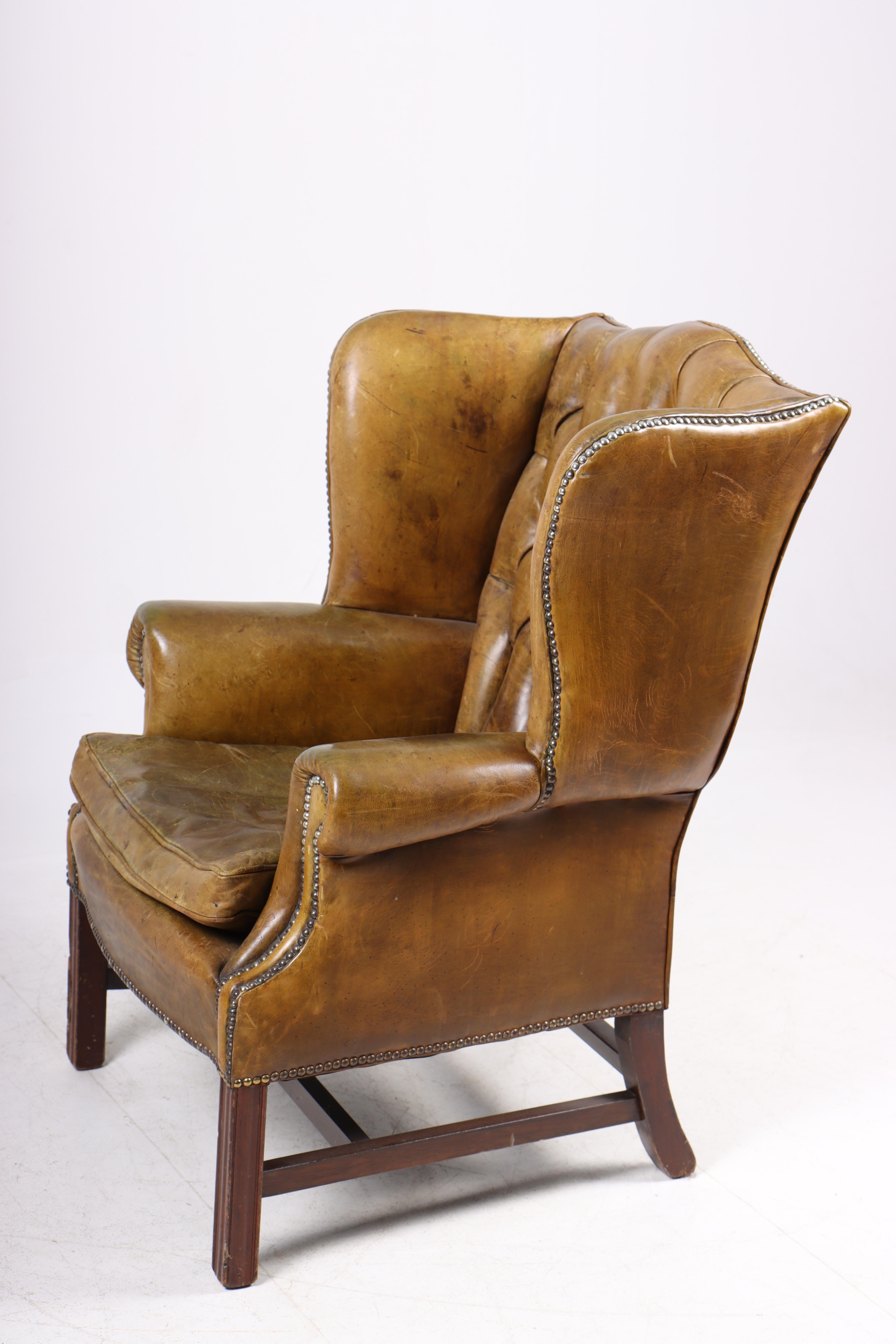 Danish Chesterfield Wingback Chair in Leather, Made in Denmark 1950s For Sale
