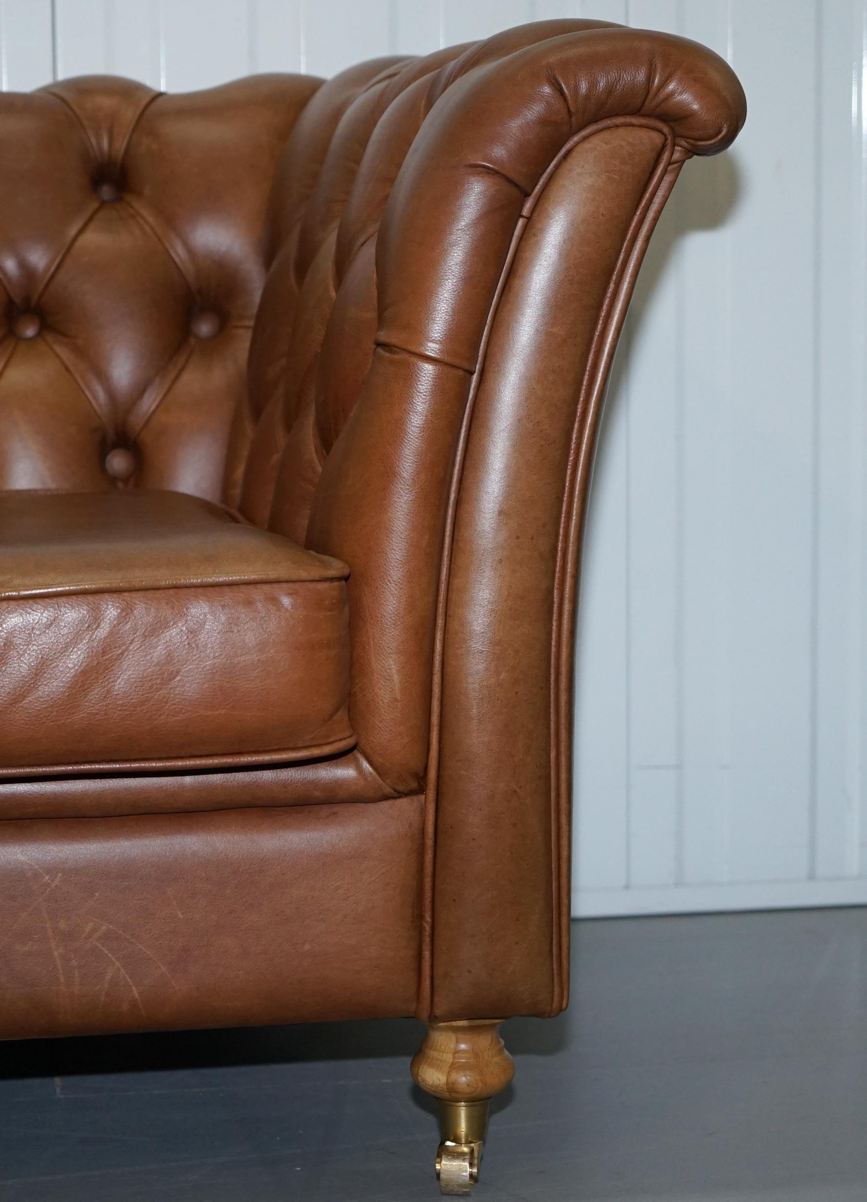 Chestnut Brown Leather Chesterfield Sofa with Turned Oak Legs and Castors 2