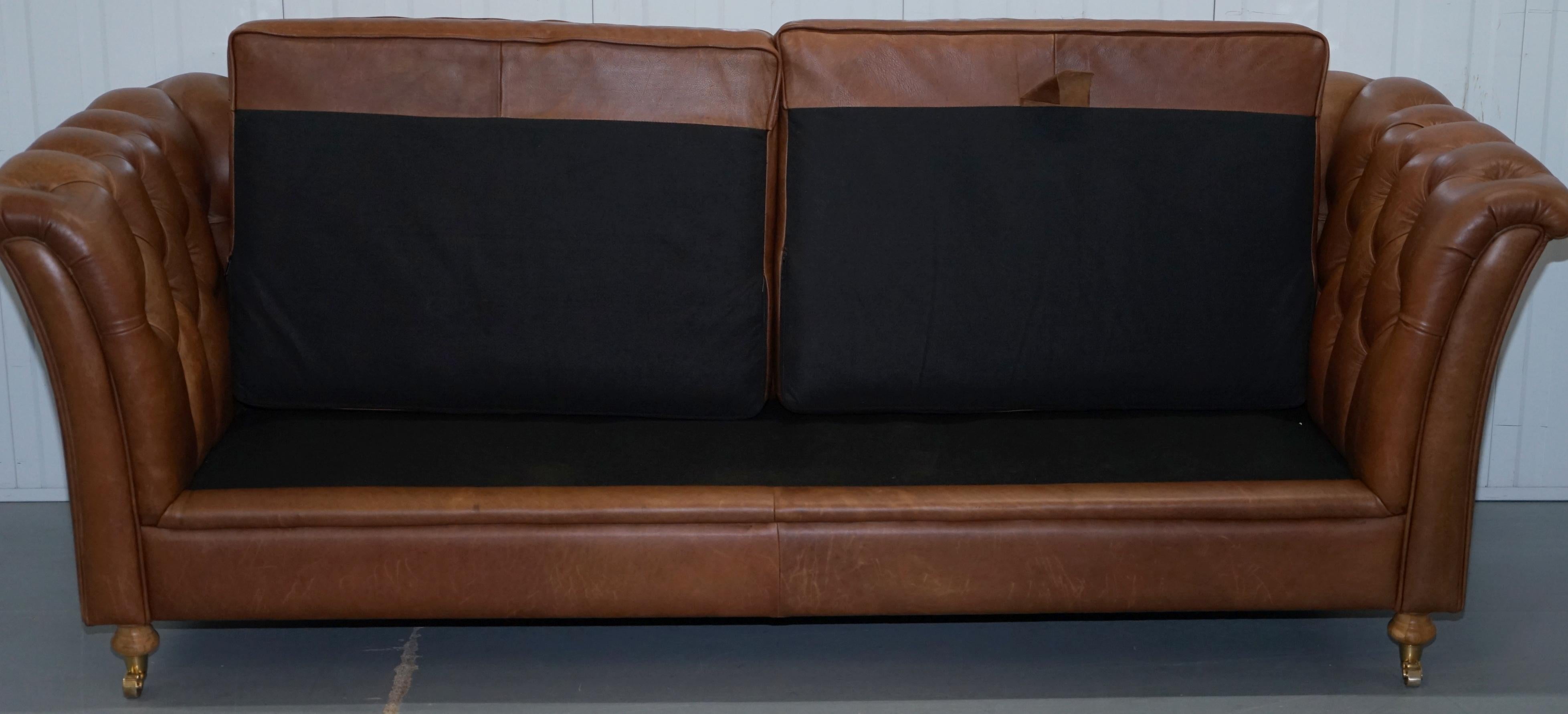 Chestnut Brown Leather Chesterfield Sofa with Turned Oak Legs and Castors 3