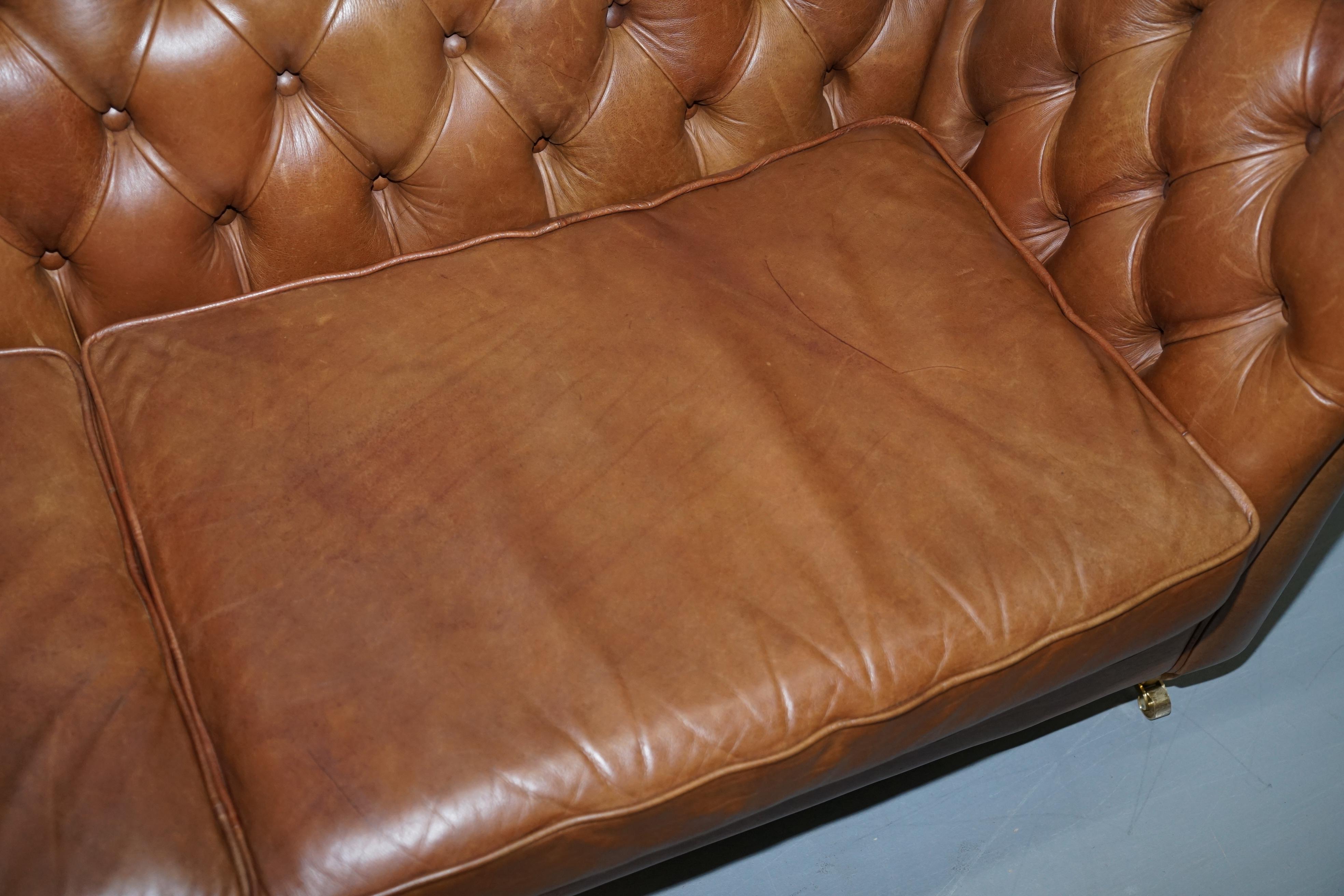 Chestnut Brown Leather Chesterfield Sofa with Turned Oak Legs and Castors 4