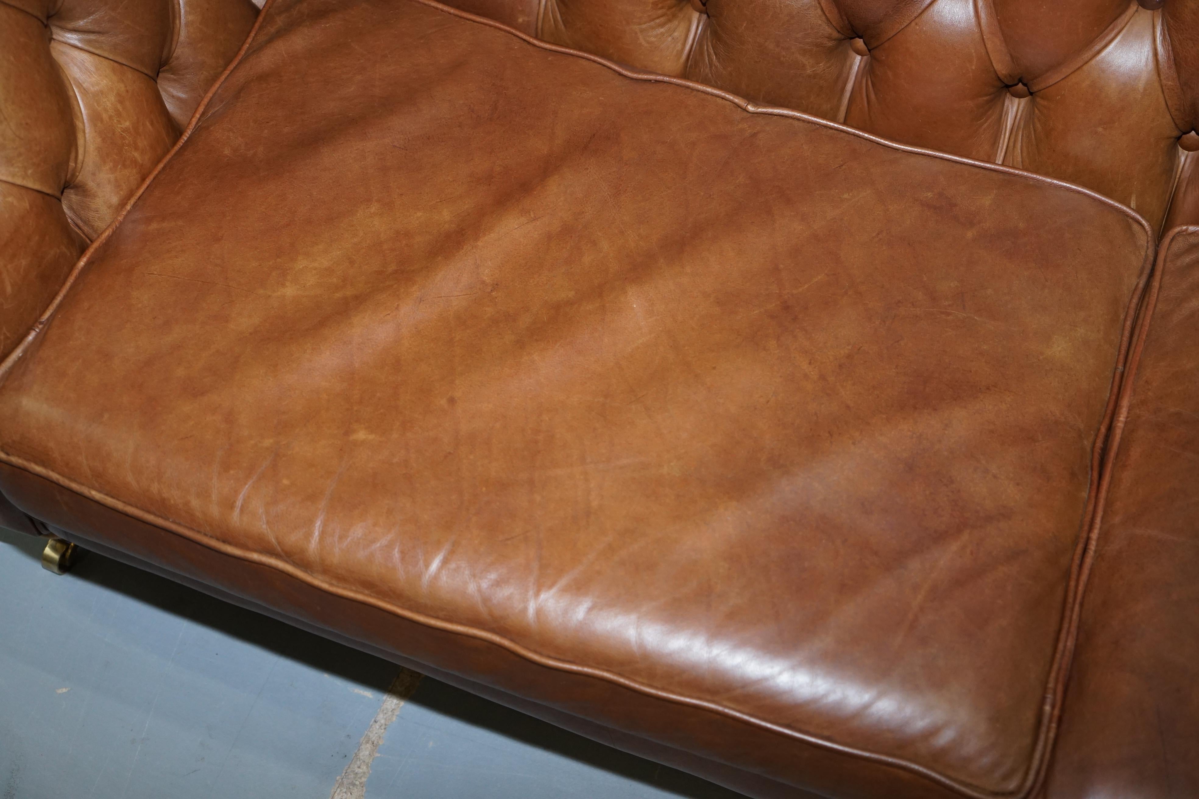 Chestnut Brown Leather Chesterfield Sofa with Turned Oak Legs and Castors 6