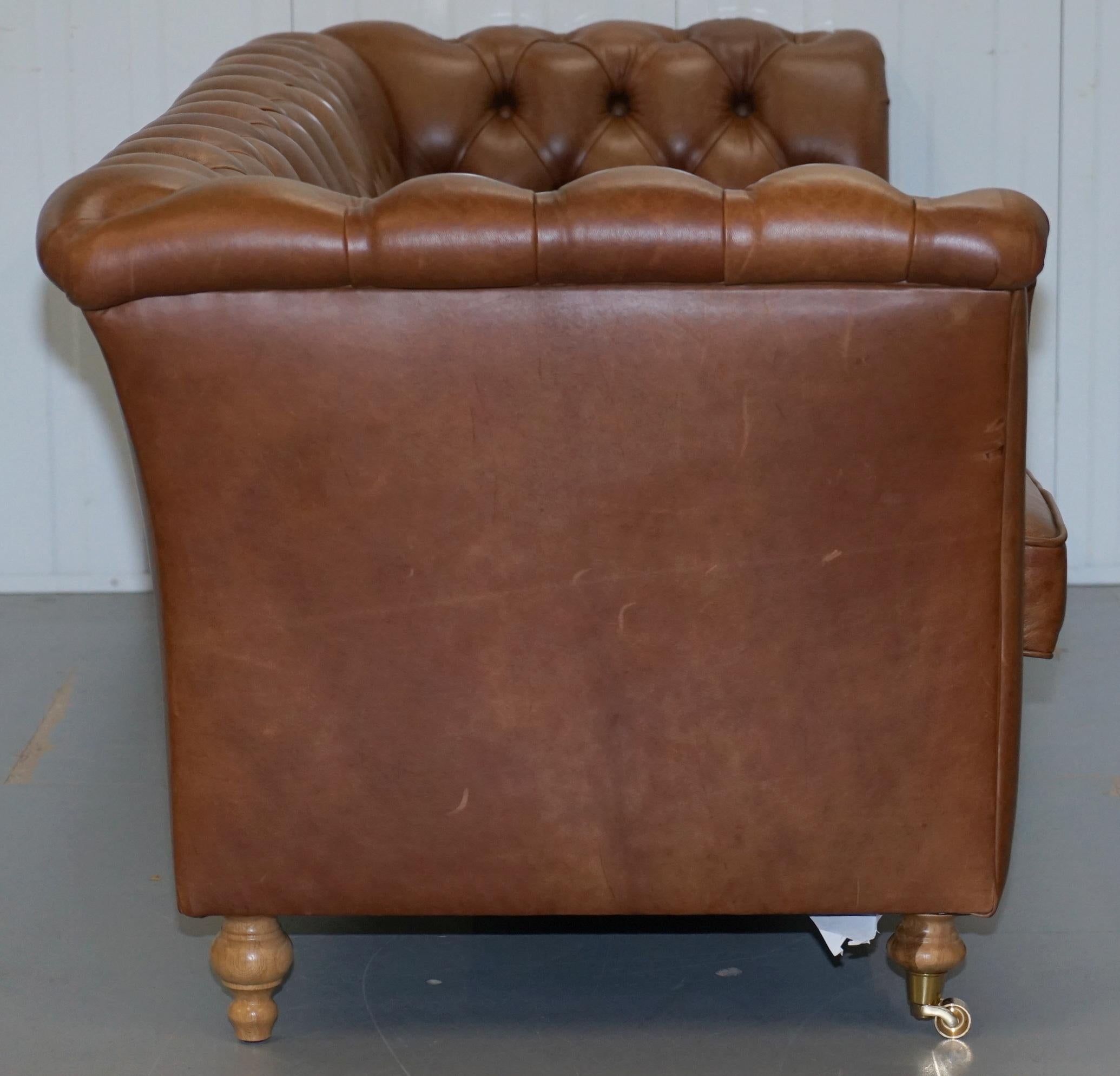 Chestnut Brown Leather Chesterfield Sofa with Turned Oak Legs and Castors 7