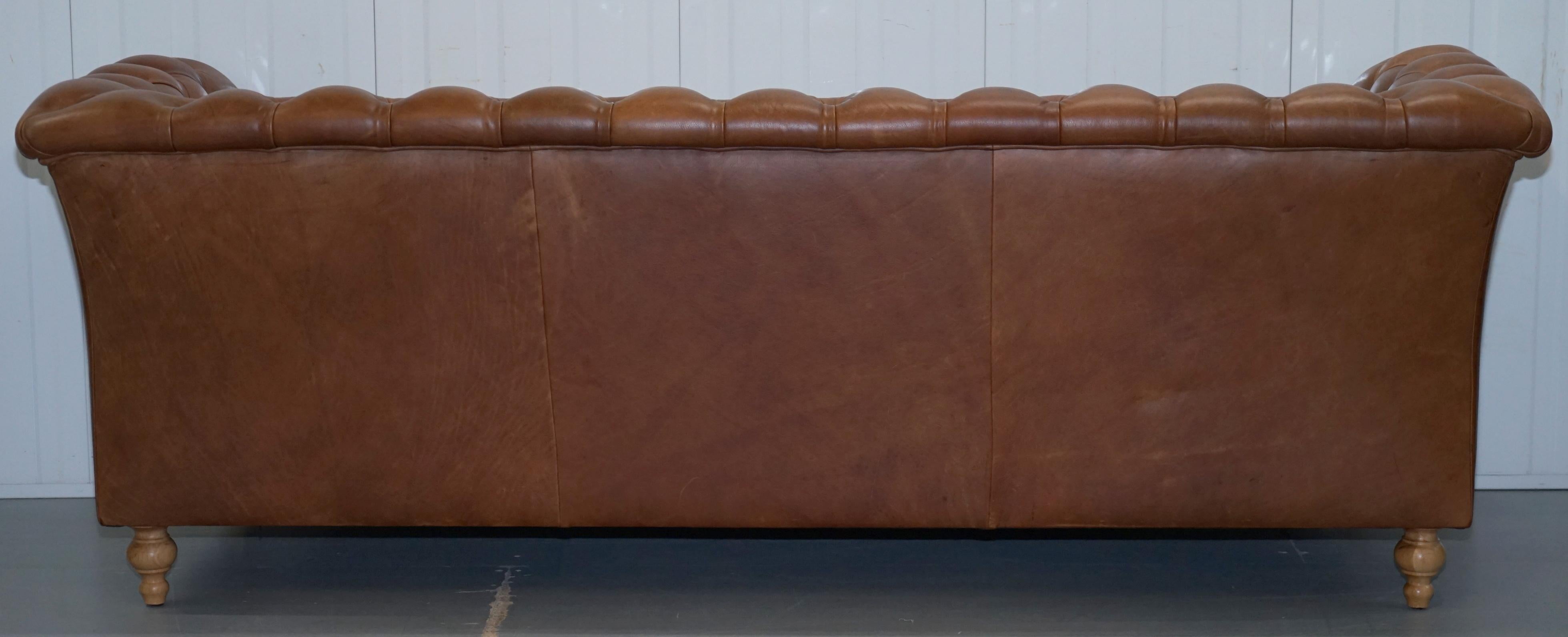 Chestnut Brown Leather Chesterfield Sofa with Turned Oak Legs and Castors 8