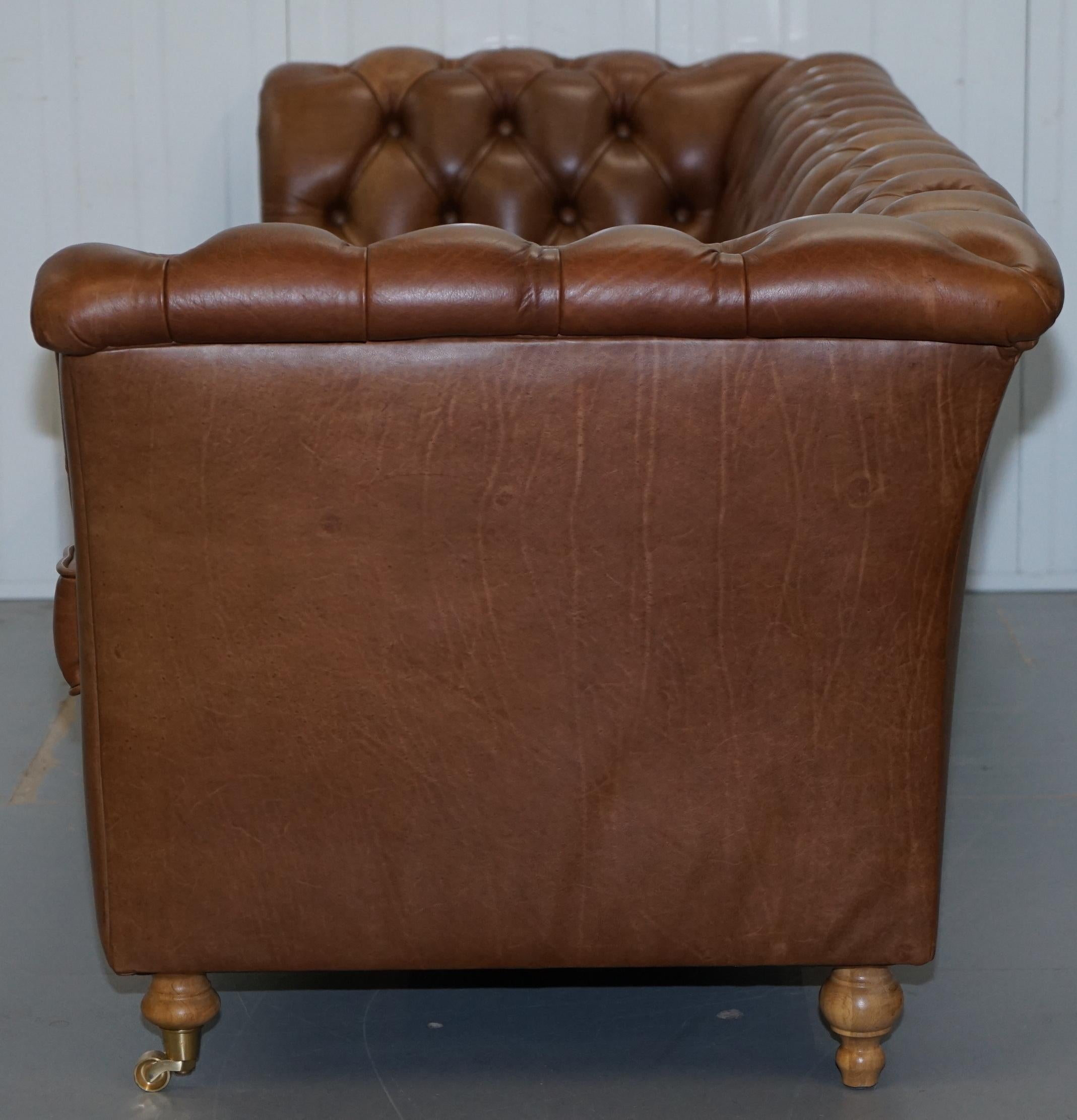 Chestnut Brown Leather Chesterfield Sofa with Turned Oak Legs and Castors 9