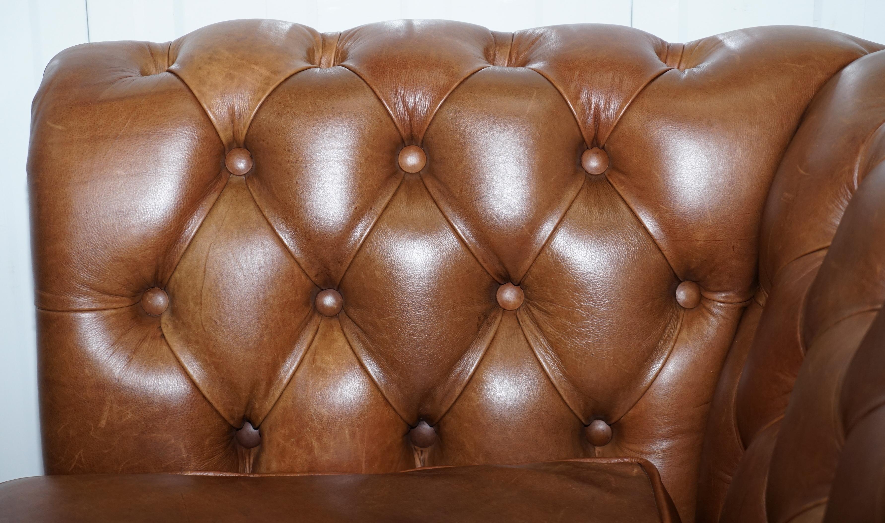 Chestnut Brown Leather Chesterfield Sofa with Turned Oak Legs and Castors 11