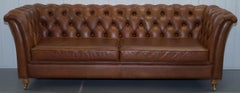 Chestnut Brown Leather Chesterfield Sofa with Turned Oak Legs and Castors