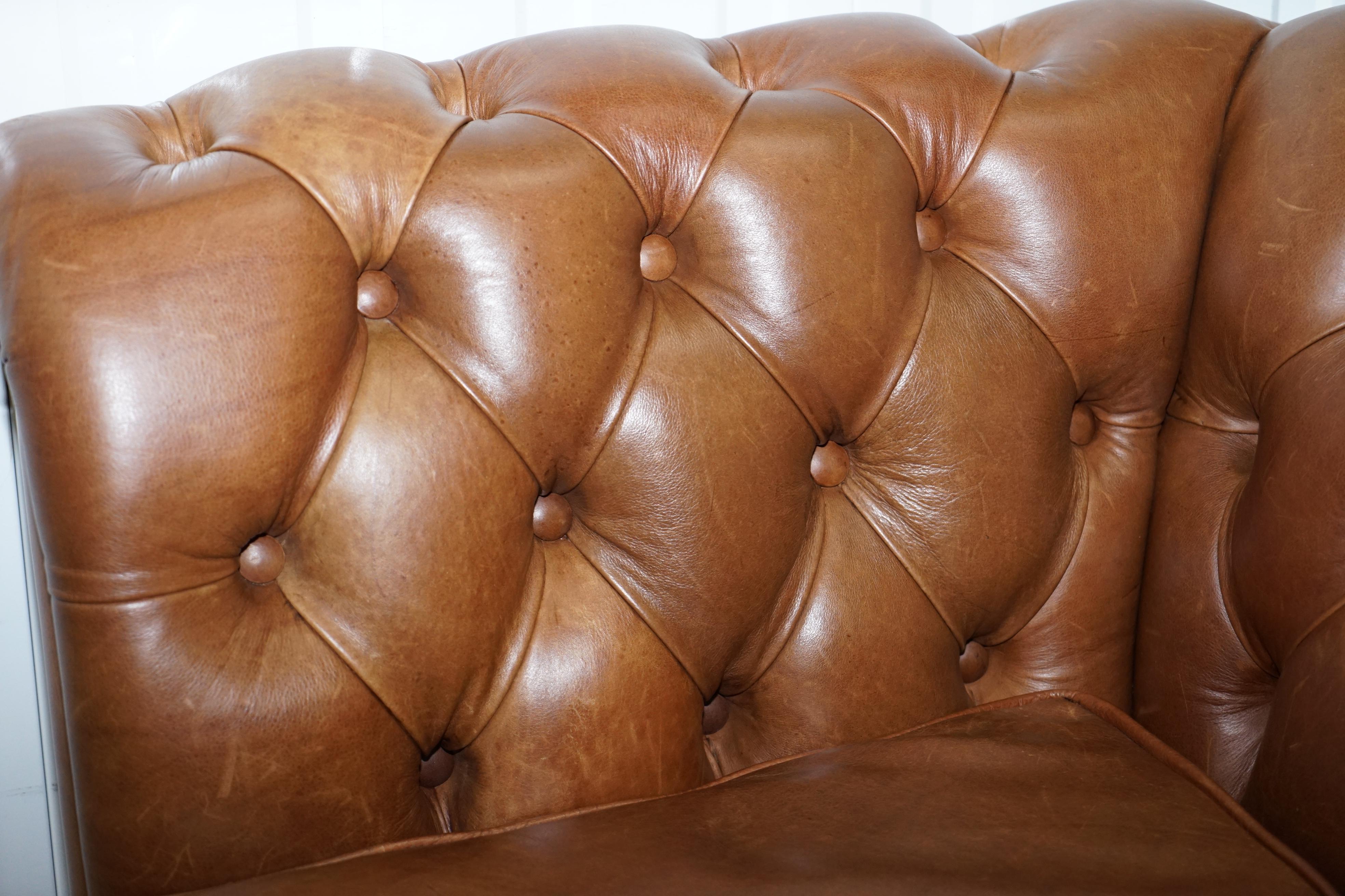 Chestnut Brown Leather Chesterfield Sofa with Turned Oak Legs and Castors 12