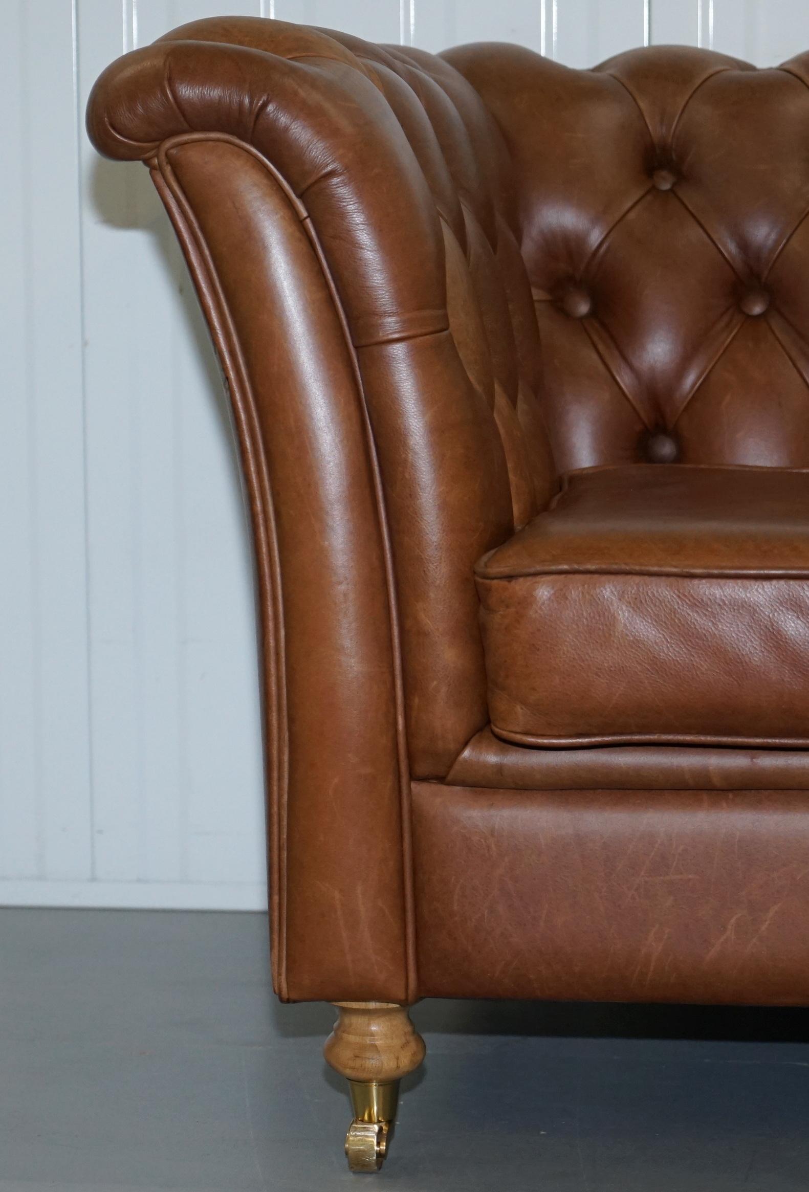 Contemporary Chestnut Brown Leather Chesterfield Sofa with Turned Oak Legs and Castors