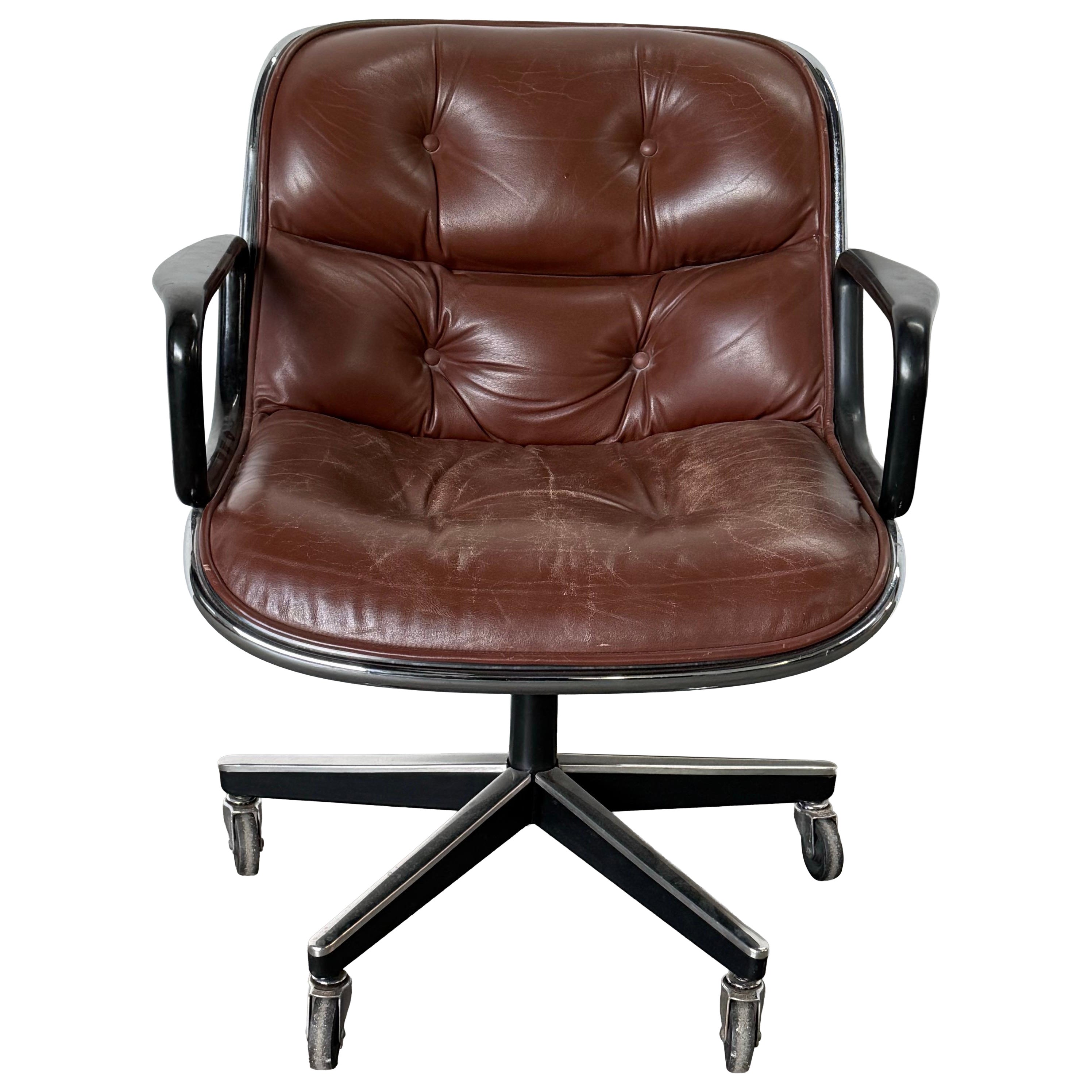 Chestnut Brown Leather Knoll Office Chair by Charles Pollock For Sale