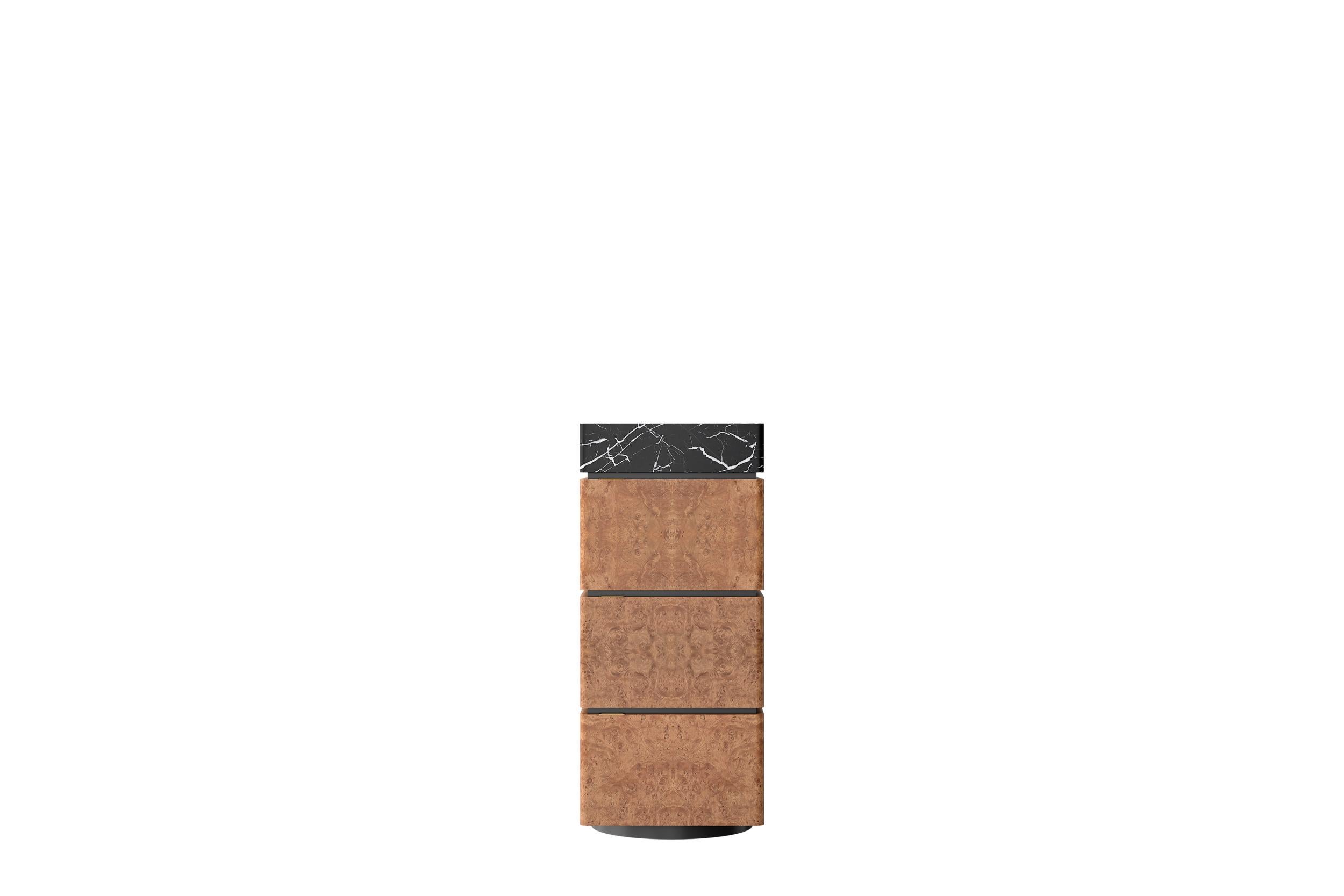 Chestnut Burl and Marble Charlie RC Cabinet by Ultramobili
Dimensions:  W 60 x D 60 x H 136 cm
Materials: Chestnut Burl, Marble.  

Column storage unit in Chestnut Burl (Radica di Castagno) with marble segment with drawer, two doors and BAR segment