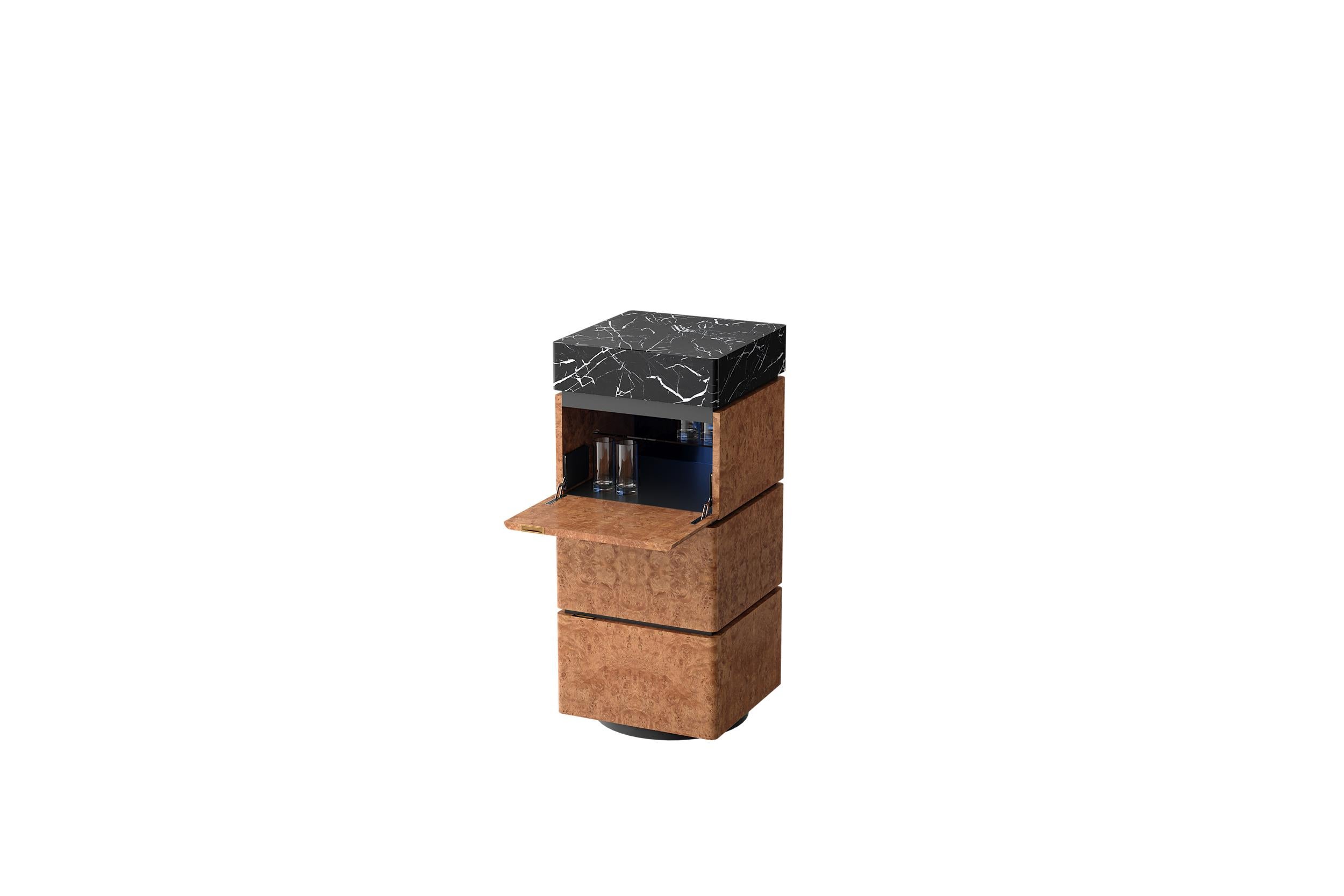 Italian Three Columns Chestnut Burl Wood Cabinet with Black Marble Top by Ultramobili For Sale