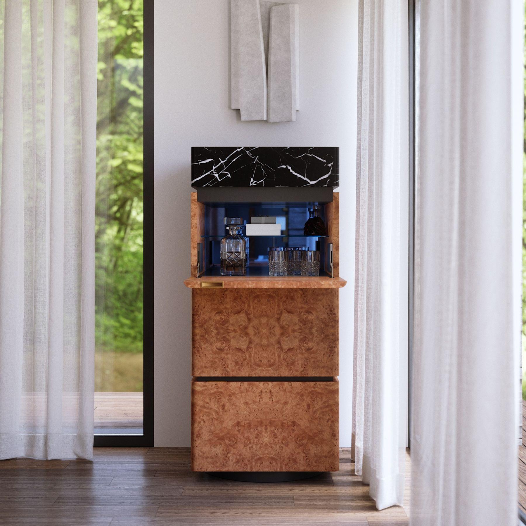 Contemporary Three Columns Chestnut Burl Wood Cabinet with Black Marble Top by Ultramobili For Sale