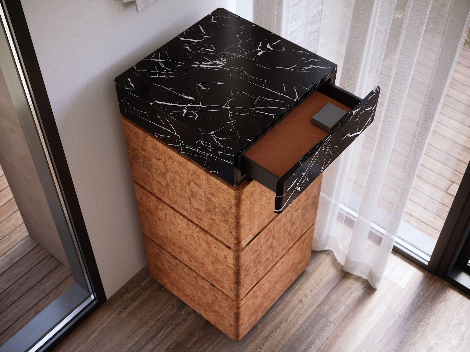 Three Columns Chestnut Burl Wood Cabinet with Black Marble Top by Ultramobili For Sale 1