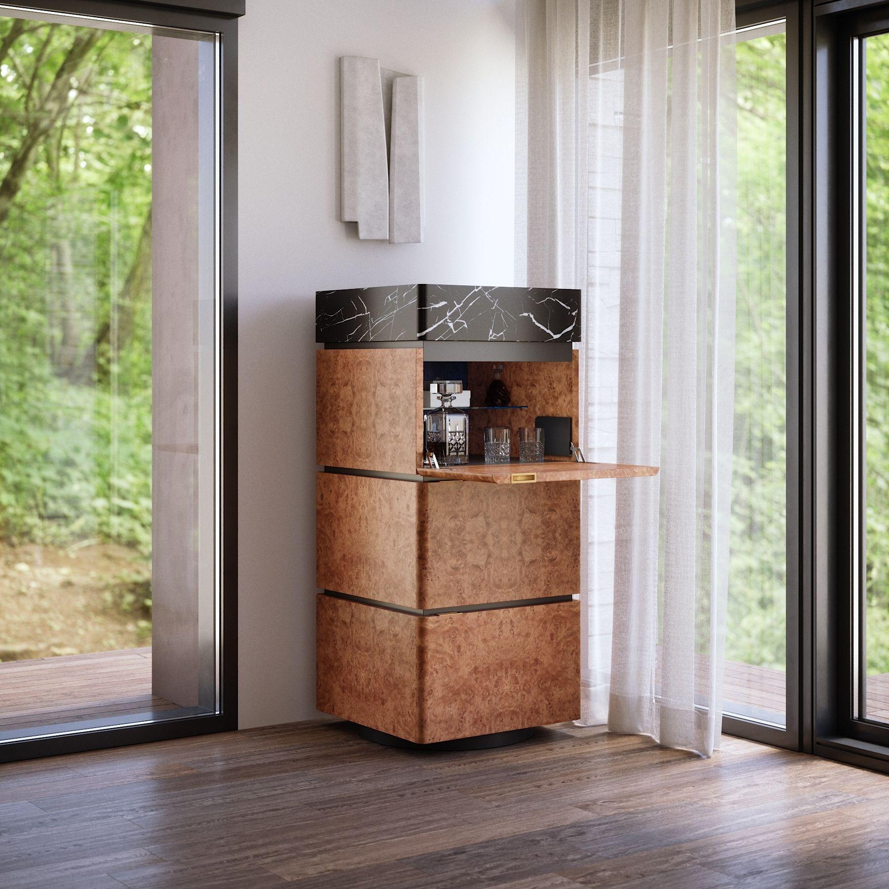 Three Columns Chestnut Burl Wood Cabinet with Black Marble Top by Ultramobili For Sale 3