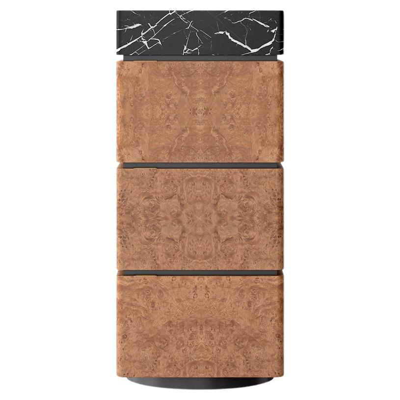 Three Columns Chestnut Burl Wood Cabinet with Black Marble Top by Ultramobili For Sale