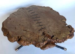 Chestnut Burled Cocktail Table with Bronze Tipped Legs and Iron Inlaid Spine
