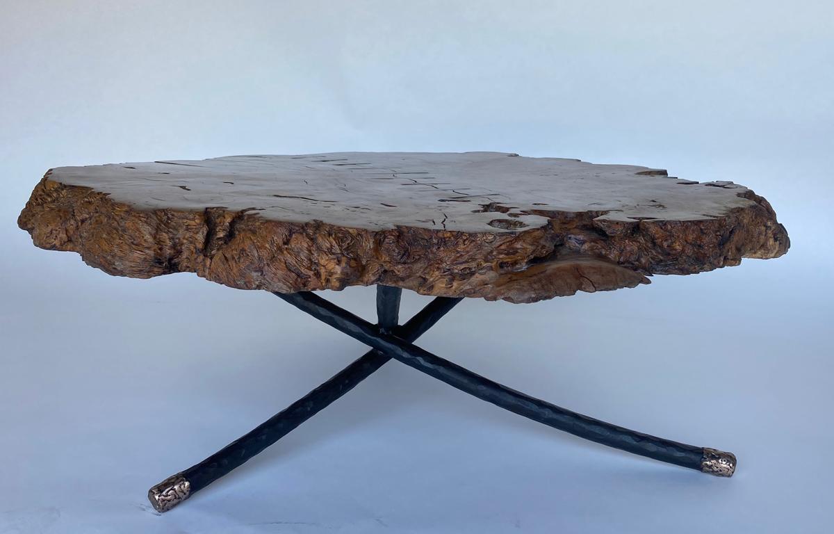 Japanese Chestnut Burled Cocktail Table with Bronze Tipped Legs and Iron Inlaid Spine