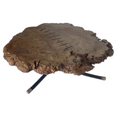 Chestnut Burled Cocktail Table with Bronze Tipped Legs and Iron Inlaid Spine