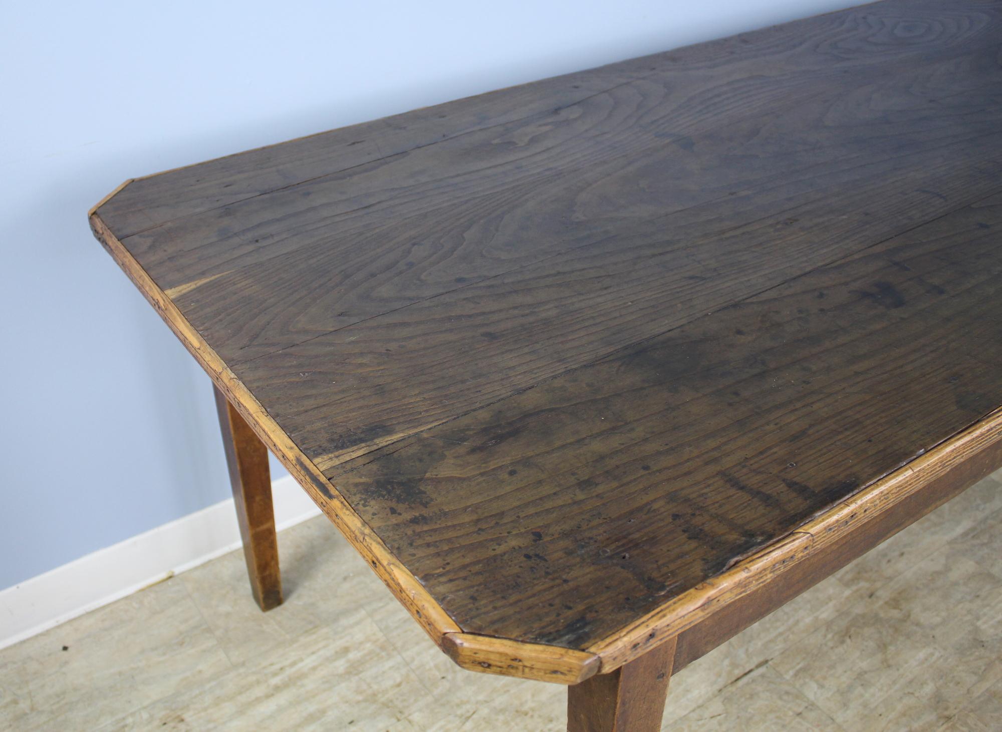 French Chestnut Farm Table with Canted Corners and Decorative Edge