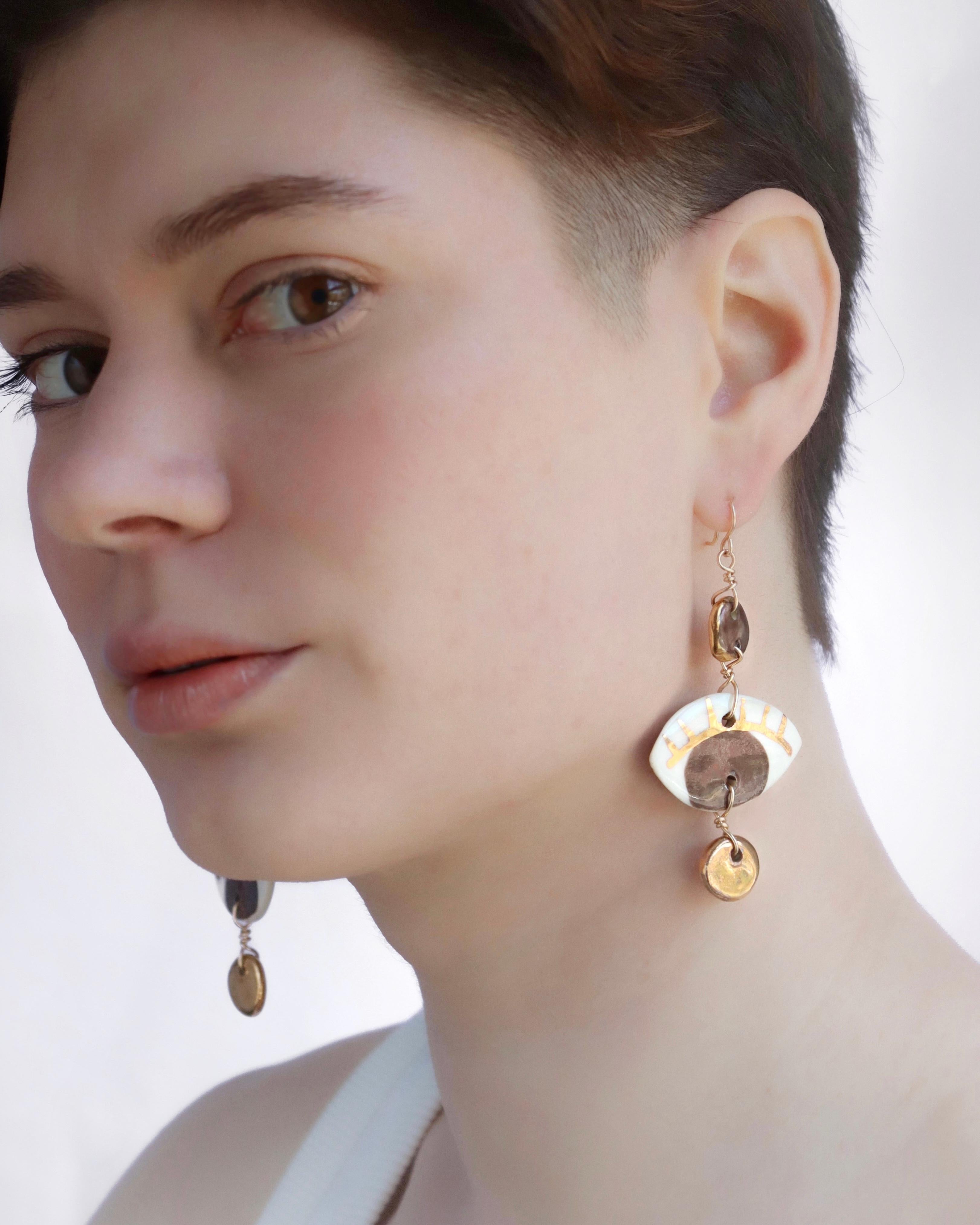 Artisan Chestnut Occhi Earrings - Handmade porcelain with 14k gold leaf detail For Sale