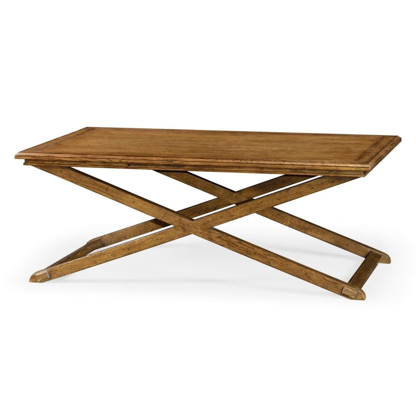 Rectangular light brown chestnut tray top coffee table with a parquetry top tray, and an X-form base.
Dimensions: 52