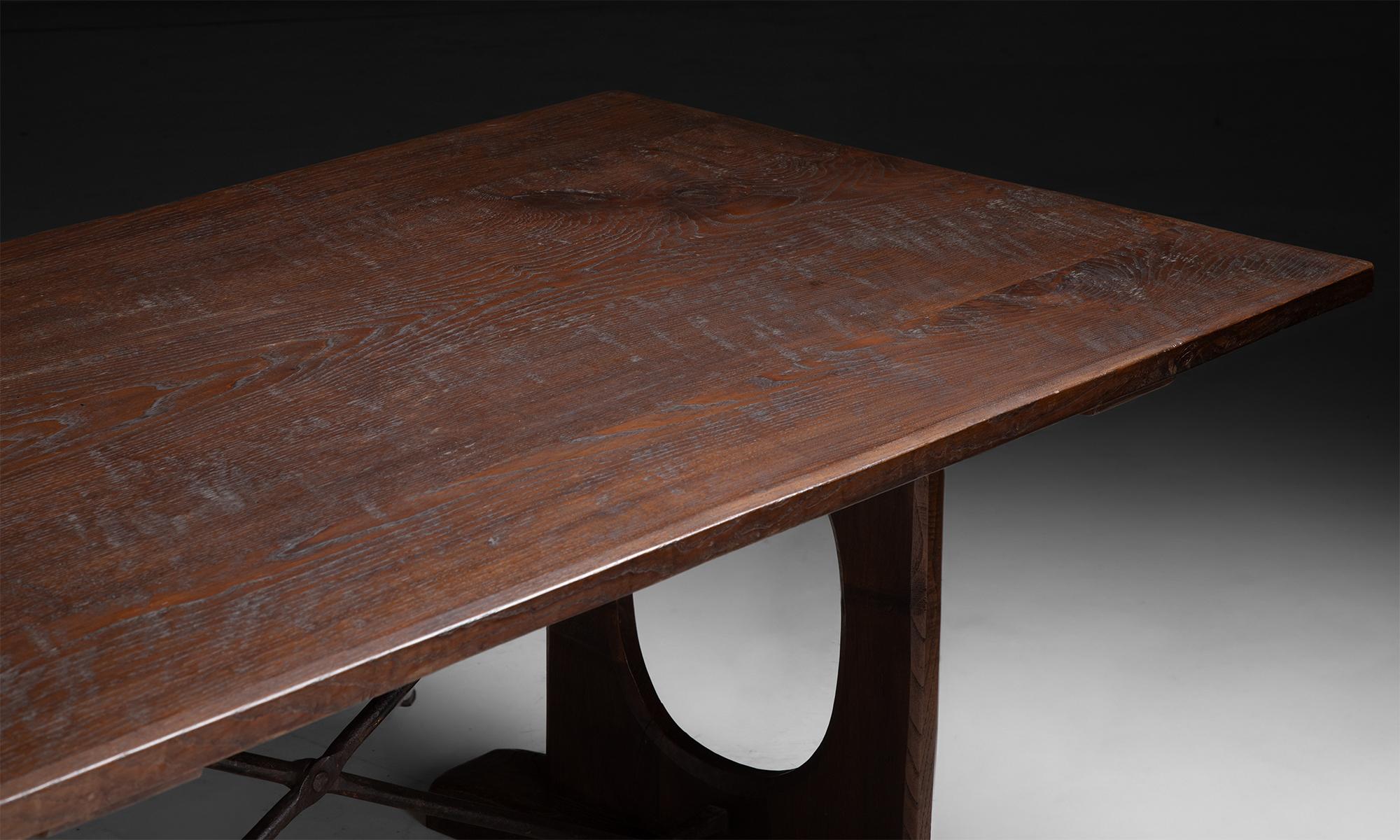 Chestnut X-Frame Table

Spain circa 1960

Hand adzed chestnut tabletop on open oval ends with hand forged ‘x’ frame stretcher.

72.75”L x 39”d x 29.25”h