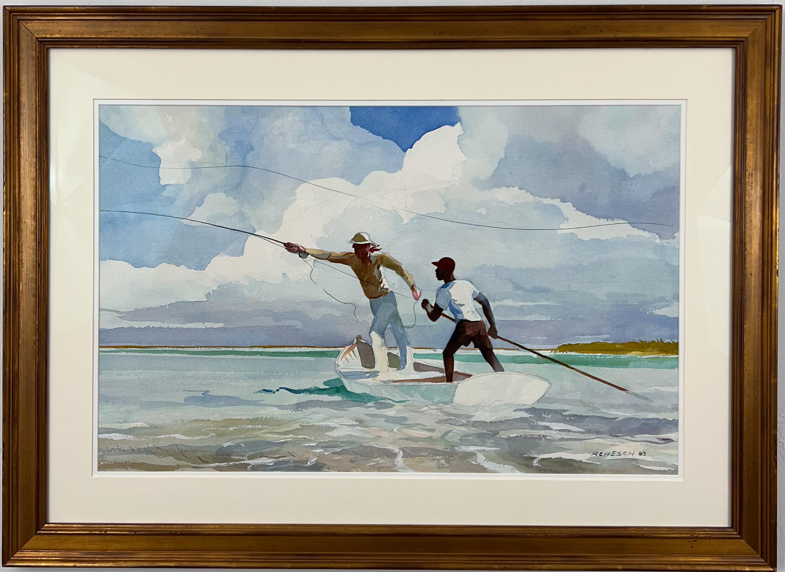 Fisherman and Punter, American Sporting Art, Fly Fishing, Bahamian Flats Fishing