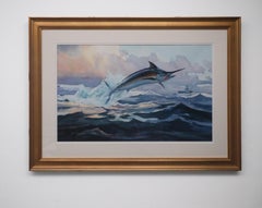 Striped Marlin Leaping Watercolor, Saltwater Fishing Sporting Art Painting