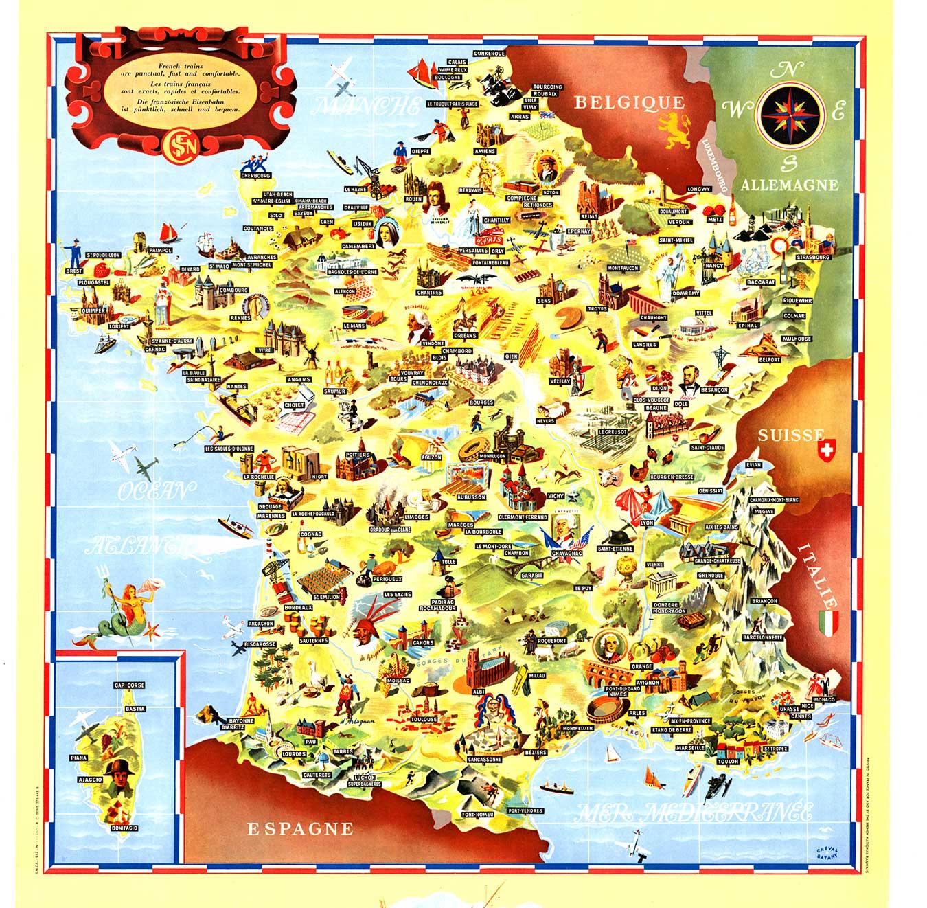 Original Societe Nationale des Chemin Map France, 1953 cartel vintage sobre lino - Print de Cheval & Batany