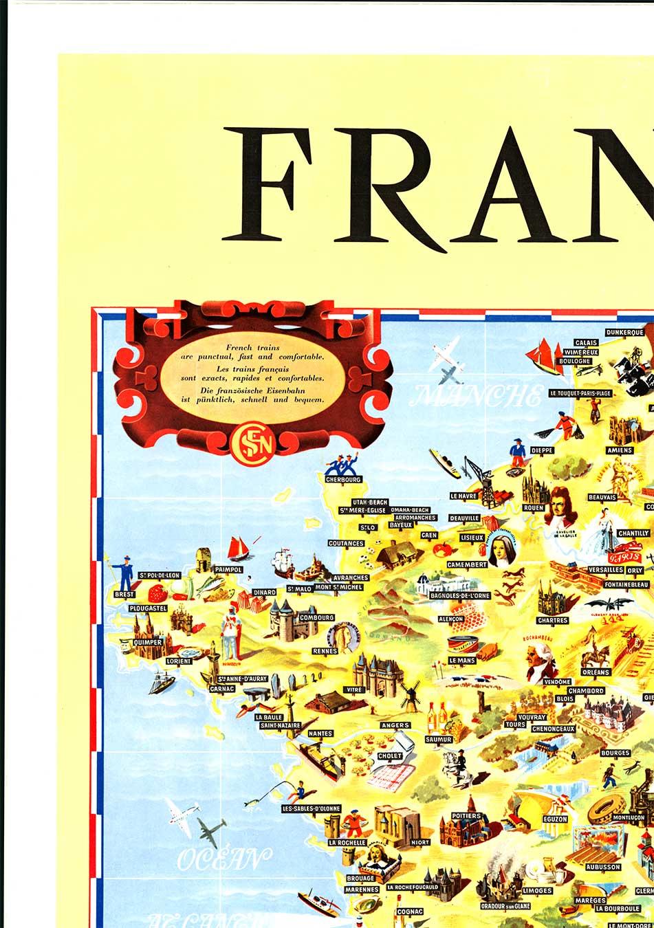 Original Societe Nationale des Chemin Map France, 1953 cartel vintage sobre lino - Print moderno estadounidense de Cheval & Batany