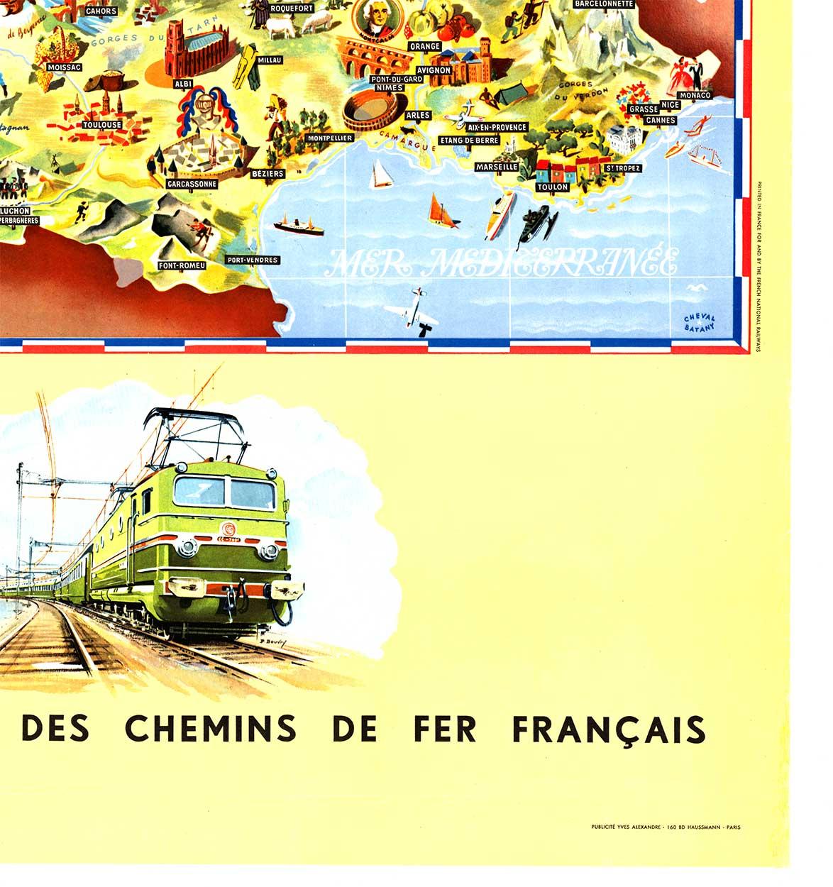 Original Societe Nationale des Chemin Map France, 1953 cartel vintage sobre lino en venta 1