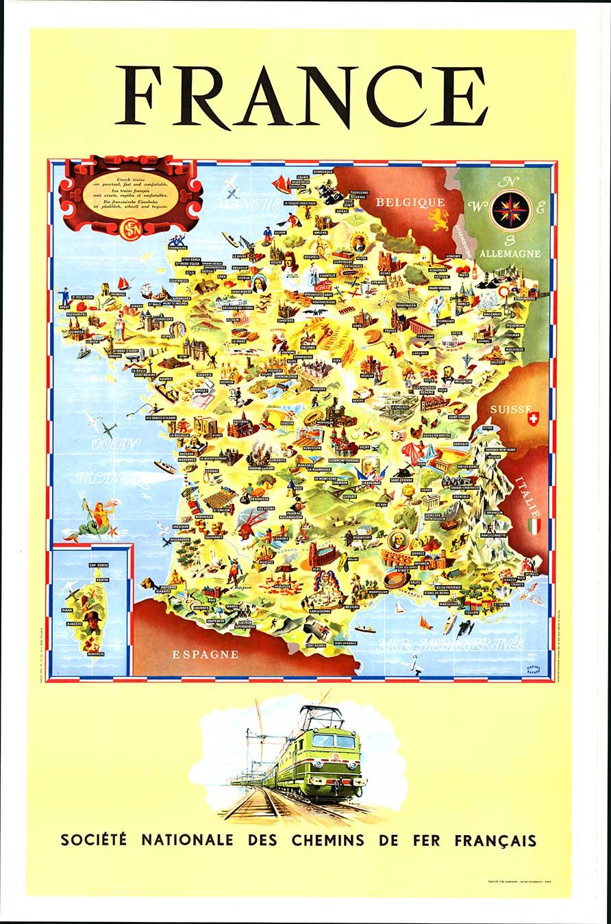 Original Societe Nationale des Chemin Map France, 1953 cartel vintage sobre lino