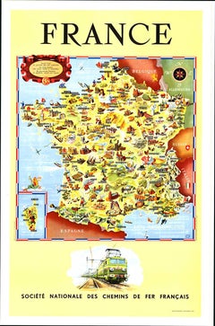 Original Societe Nationale des Chemin Map France, 1953 cartel vintage sobre lino