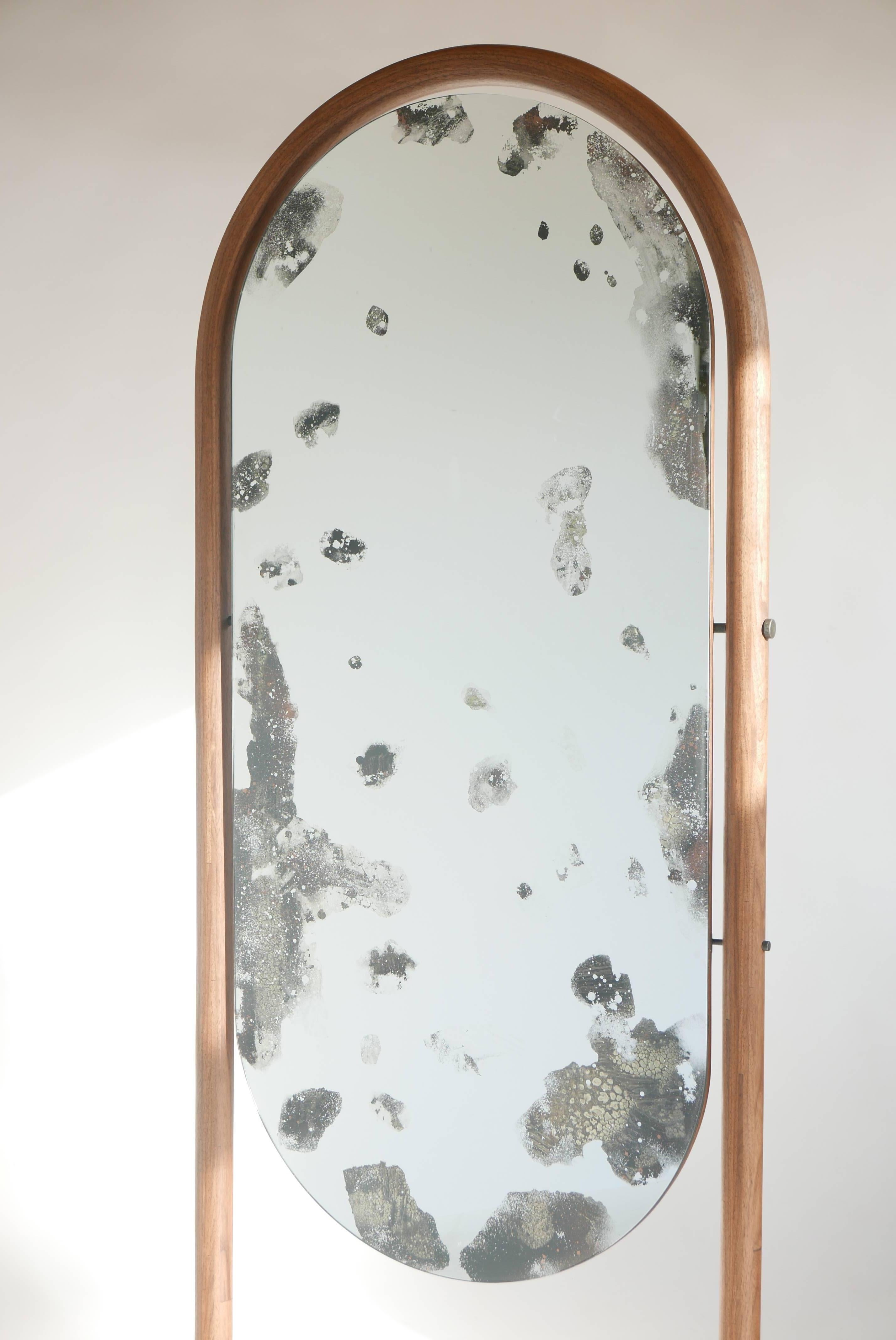 Blackened Black Walnut Cheval Floor Mirror with Hand Antiqued Glass by Hinterland Design For Sale