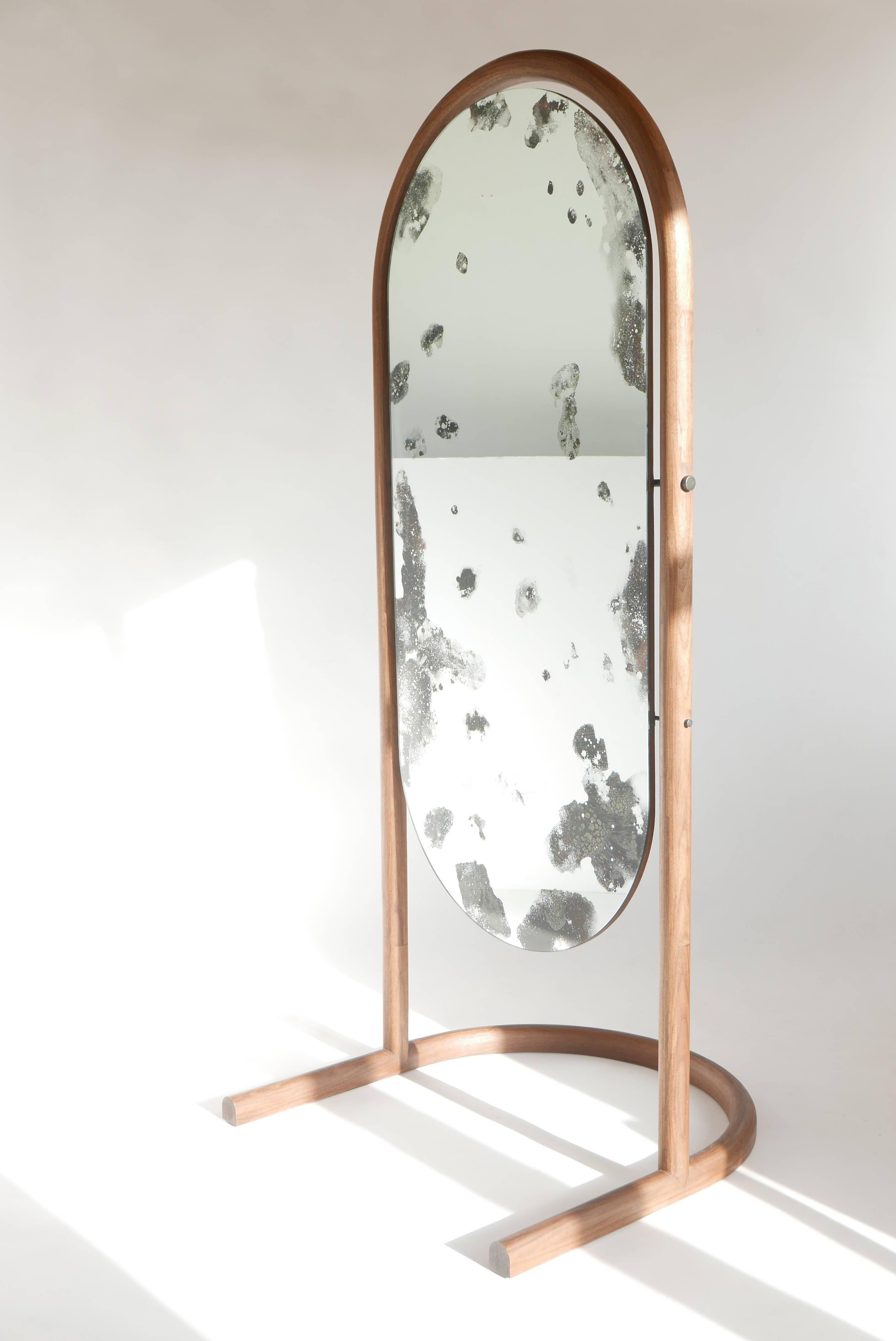 Black Walnut Cheval Floor Mirror with Hand Antiqued Glass by Hinterland Design In New Condition For Sale In Vancouver, BC