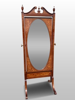 Cheval Mirror, Edwardian Mahogany with Marquetry, English, circa 1900