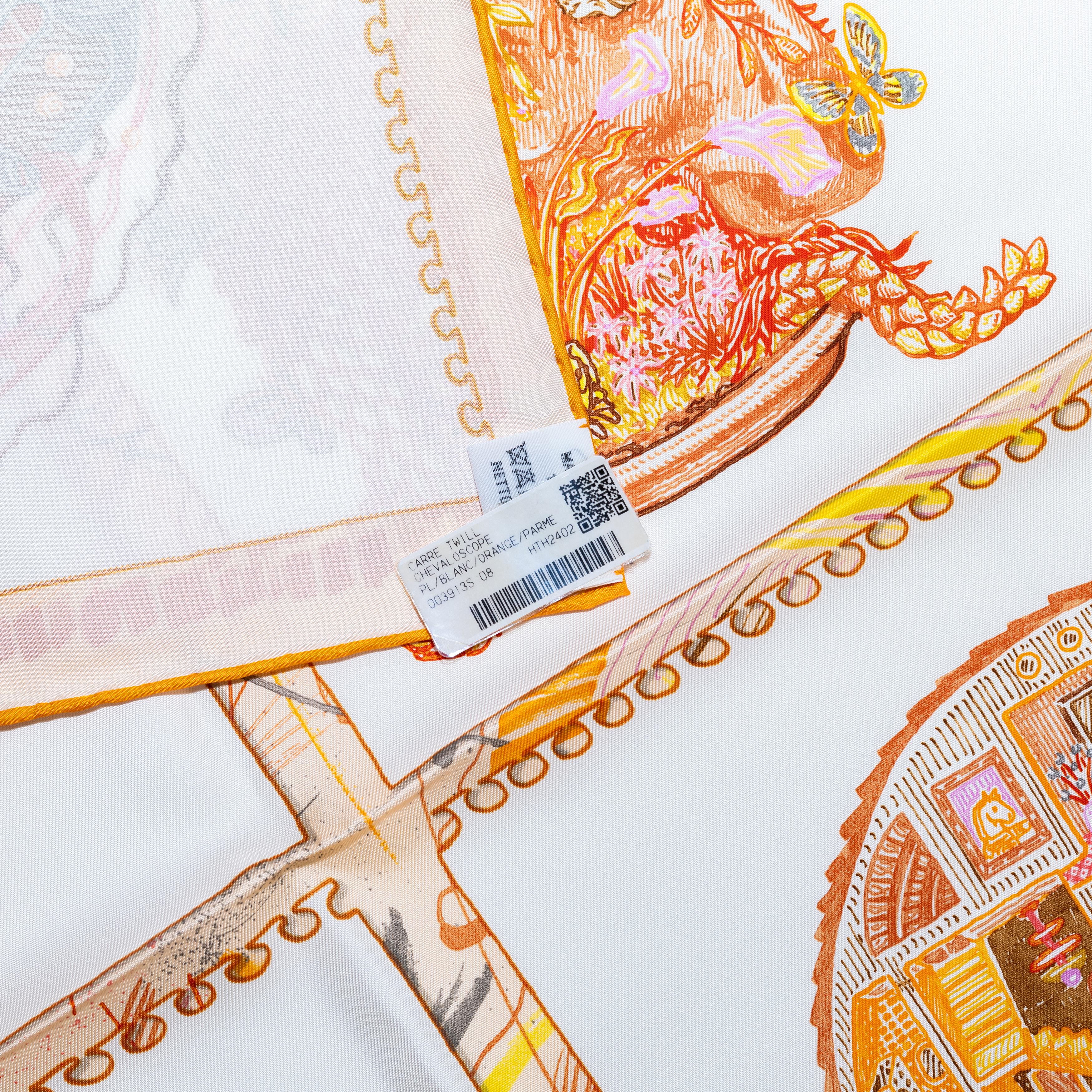 Chevaloscope - Blanc Orange Parme - NWSTS - 2508161523

Brand: Hermès
Type/Model: Scarf 90 Silk Twill
Artist: Elias Kafouros
Size: 90 cm x 90 cm / 35 in x 35 in
Color: Blanc (White), Orange, Parme (Lavender)
Fabric: 100% Silk Twill, hand-rolled