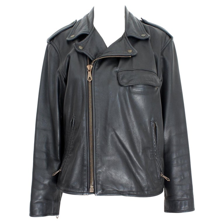 Chevignon Black Leather Biker Nail Jacket Vintage 90s For Sale at 