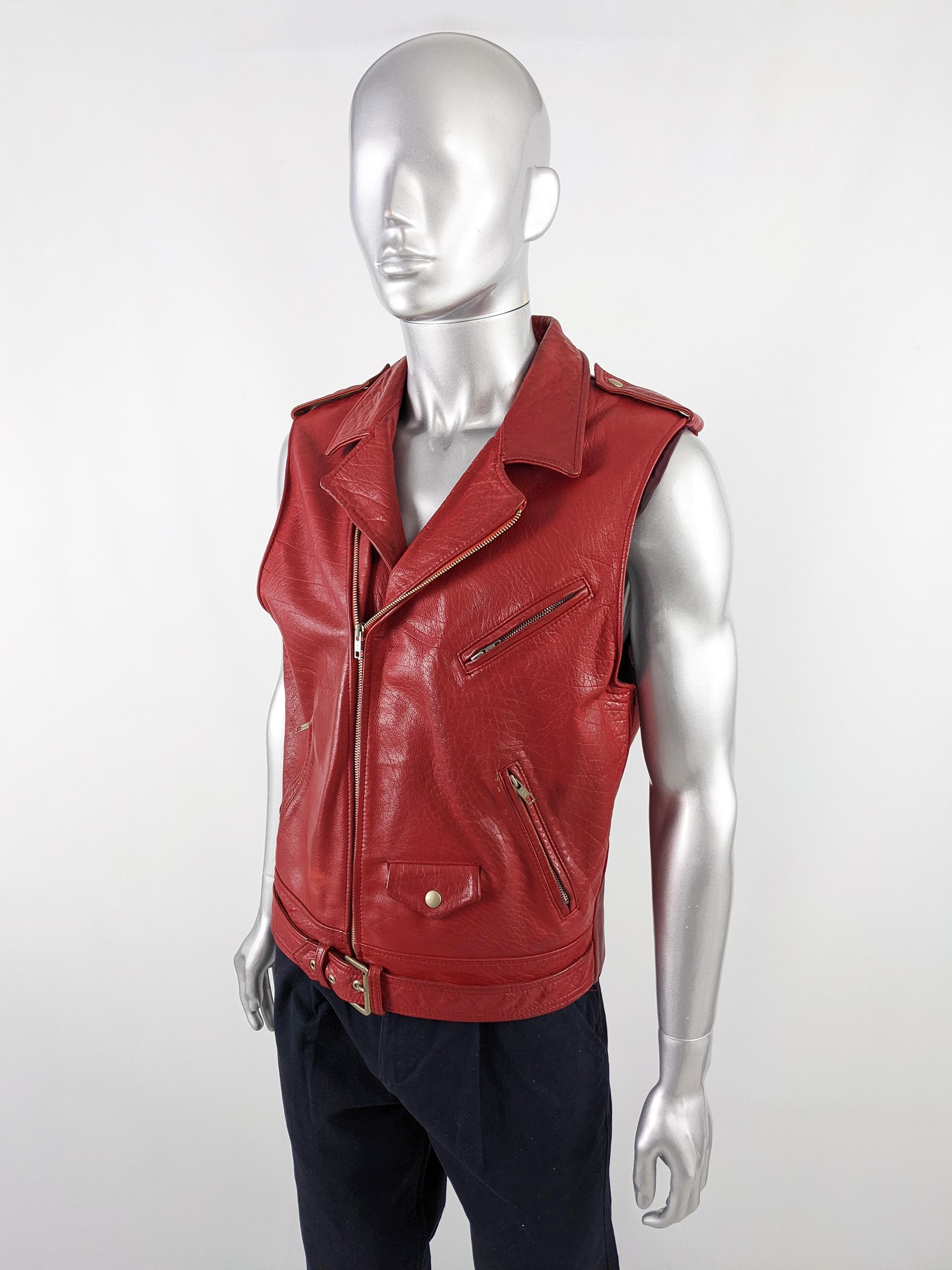 red sleeveless leather jacket