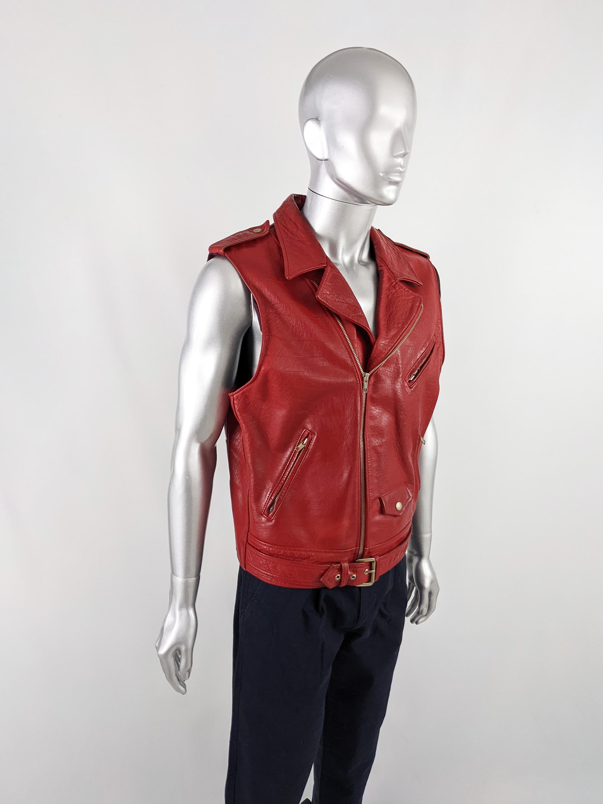 mens red leather vest