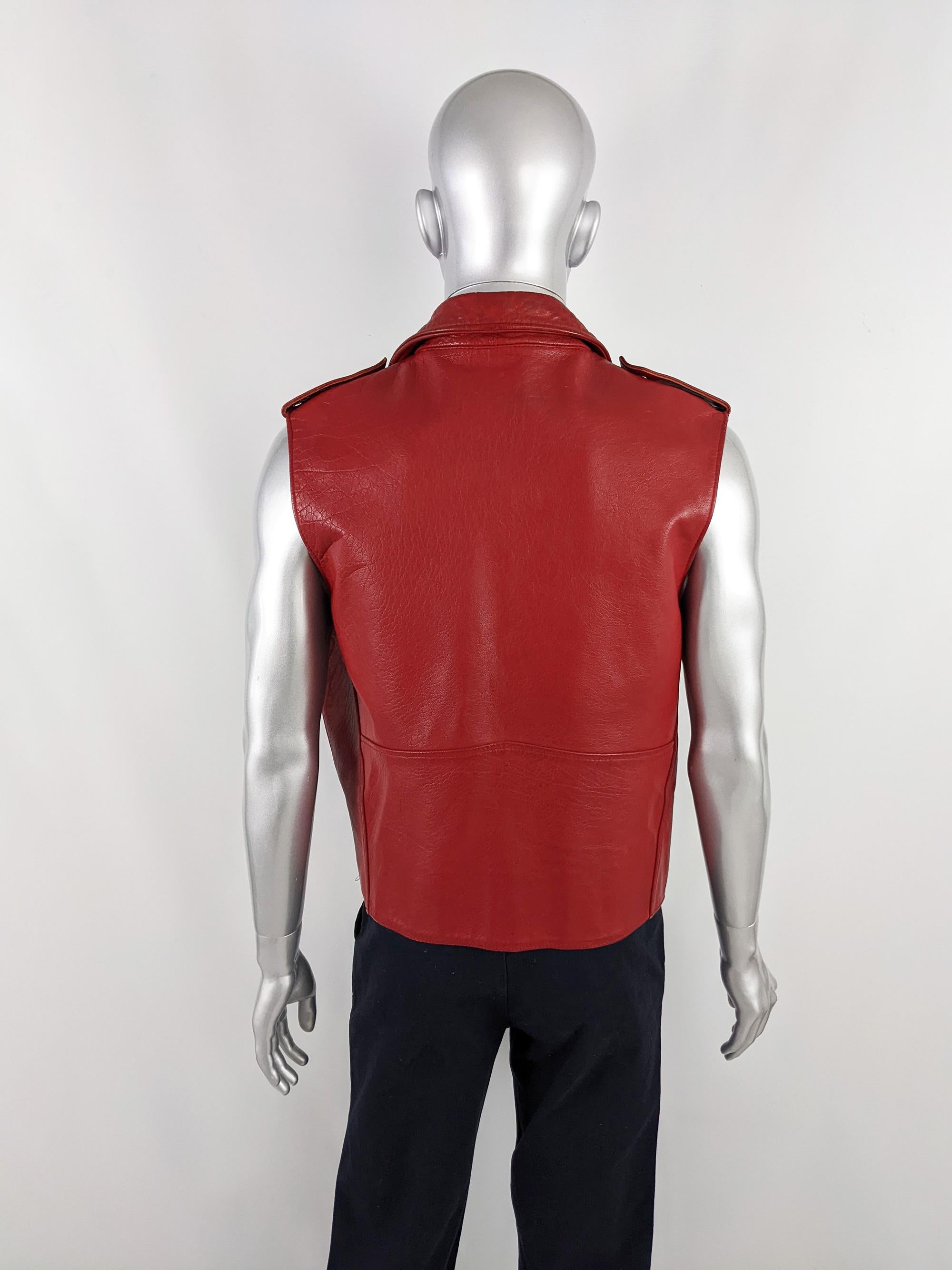 Chevignon Paris Vintage Mens Red Leather Sleeveless Jacket Biker Vest, 1980s For Sale 1