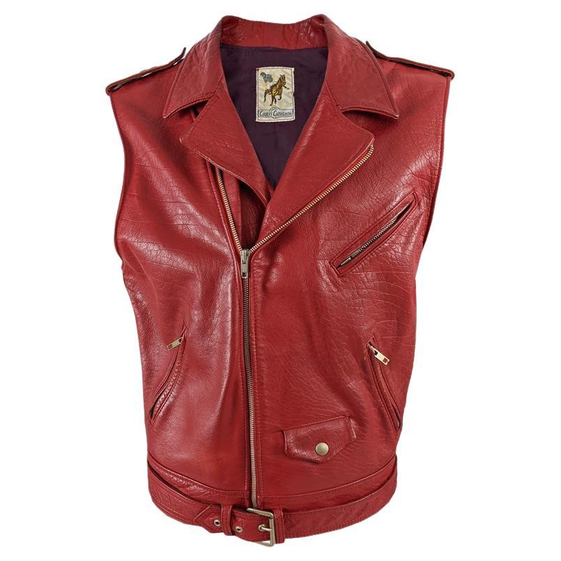 Chevignon Paris Vintage Mens Red Leather Sleeveless Jacket Biker Vest, 1980s For Sale