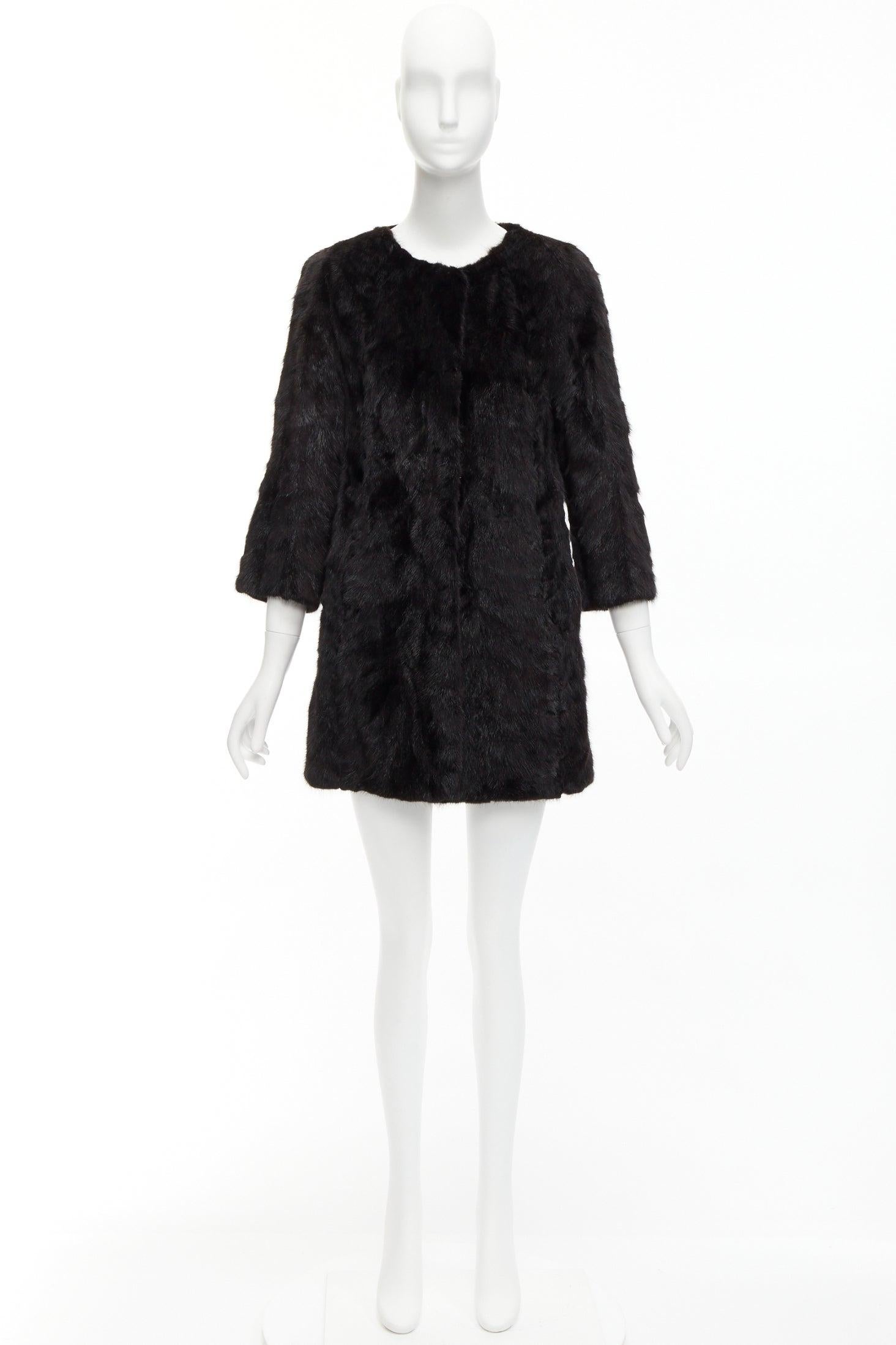 CHEVITTE dark brown genuine fur jewel neck cropped sleeves coat top M For Sale 5