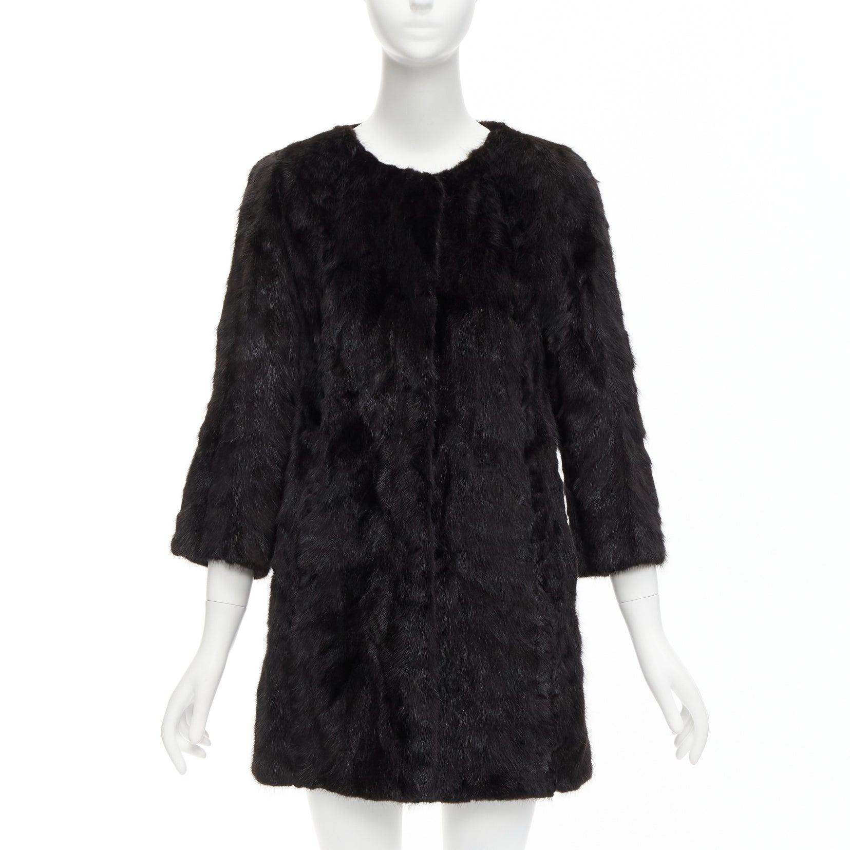Black CHEVITTE dark brown genuine fur jewel neck cropped sleeves coat top M For Sale