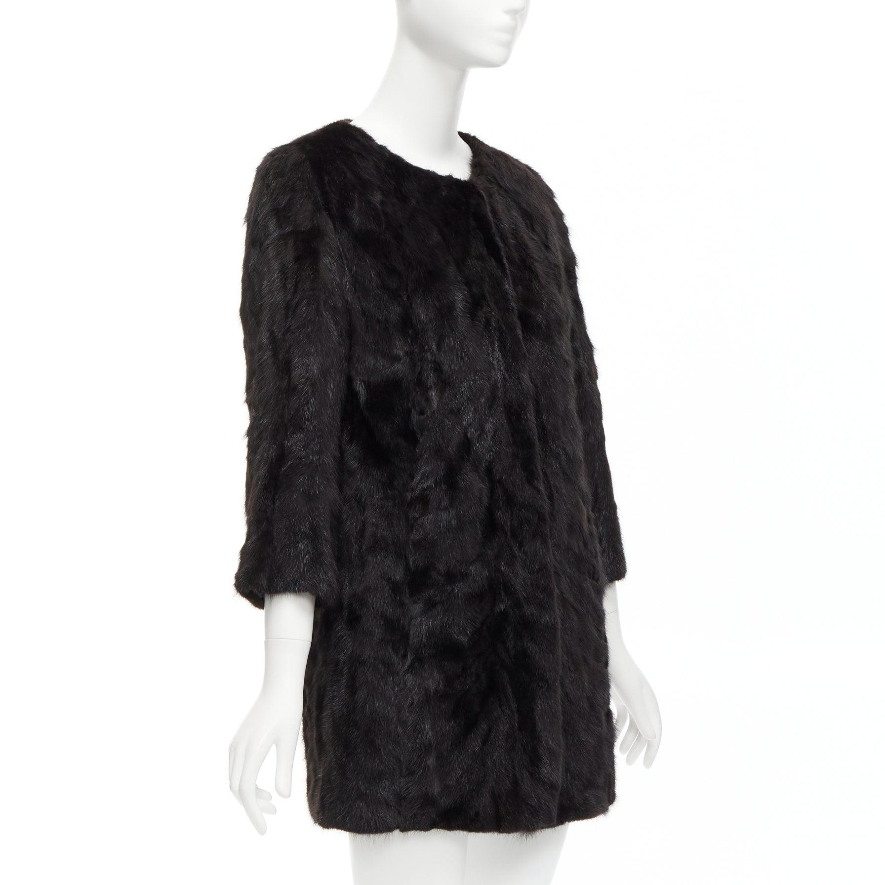 Women's CHEVITTE dark brown genuine fur jewel neck cropped sleeves coat top M For Sale
